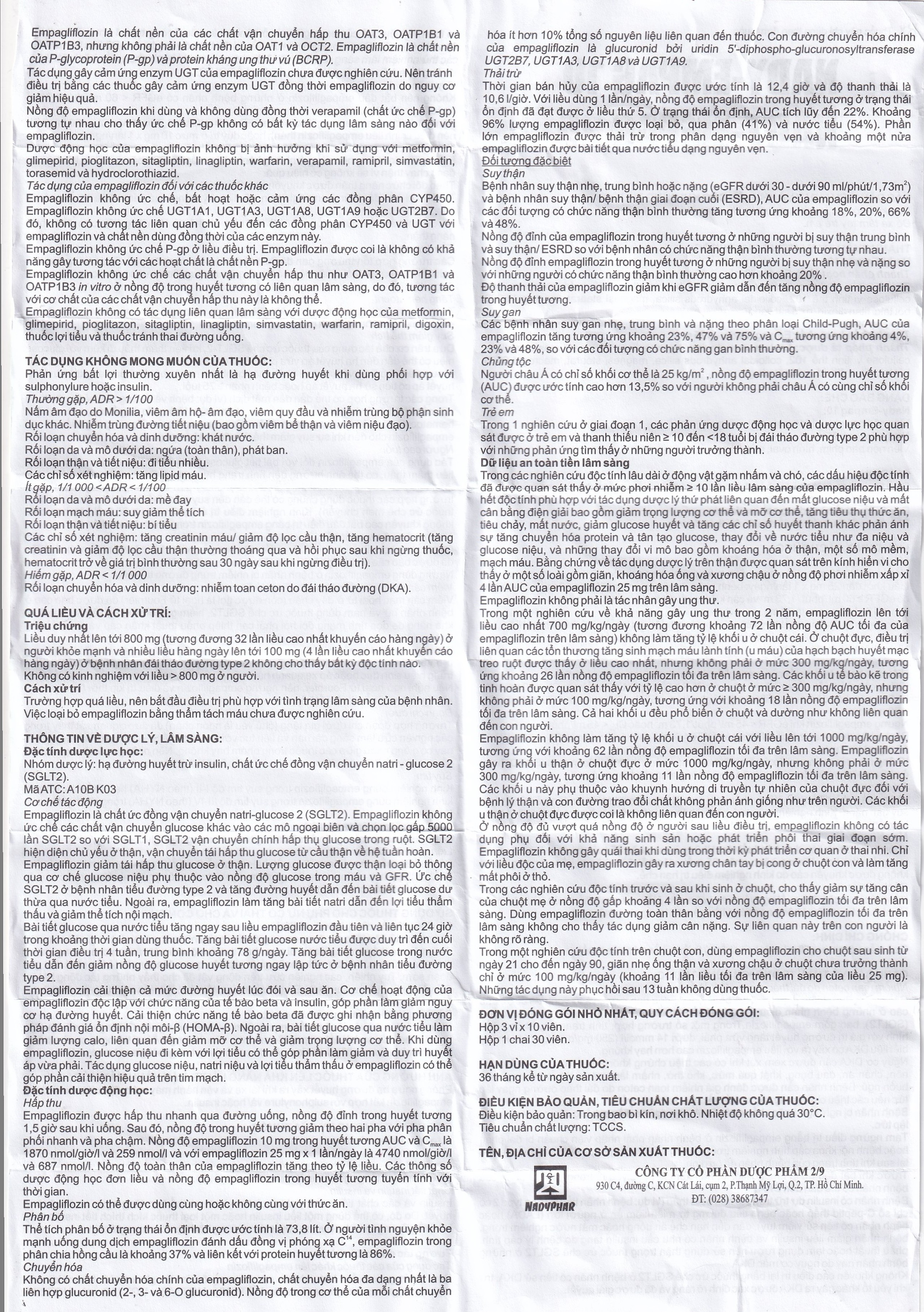 Thuốc Nady-Empag 10 Nadyphar điều trị đái tháo đường típ 2 (3 vỉ x 10 viên)