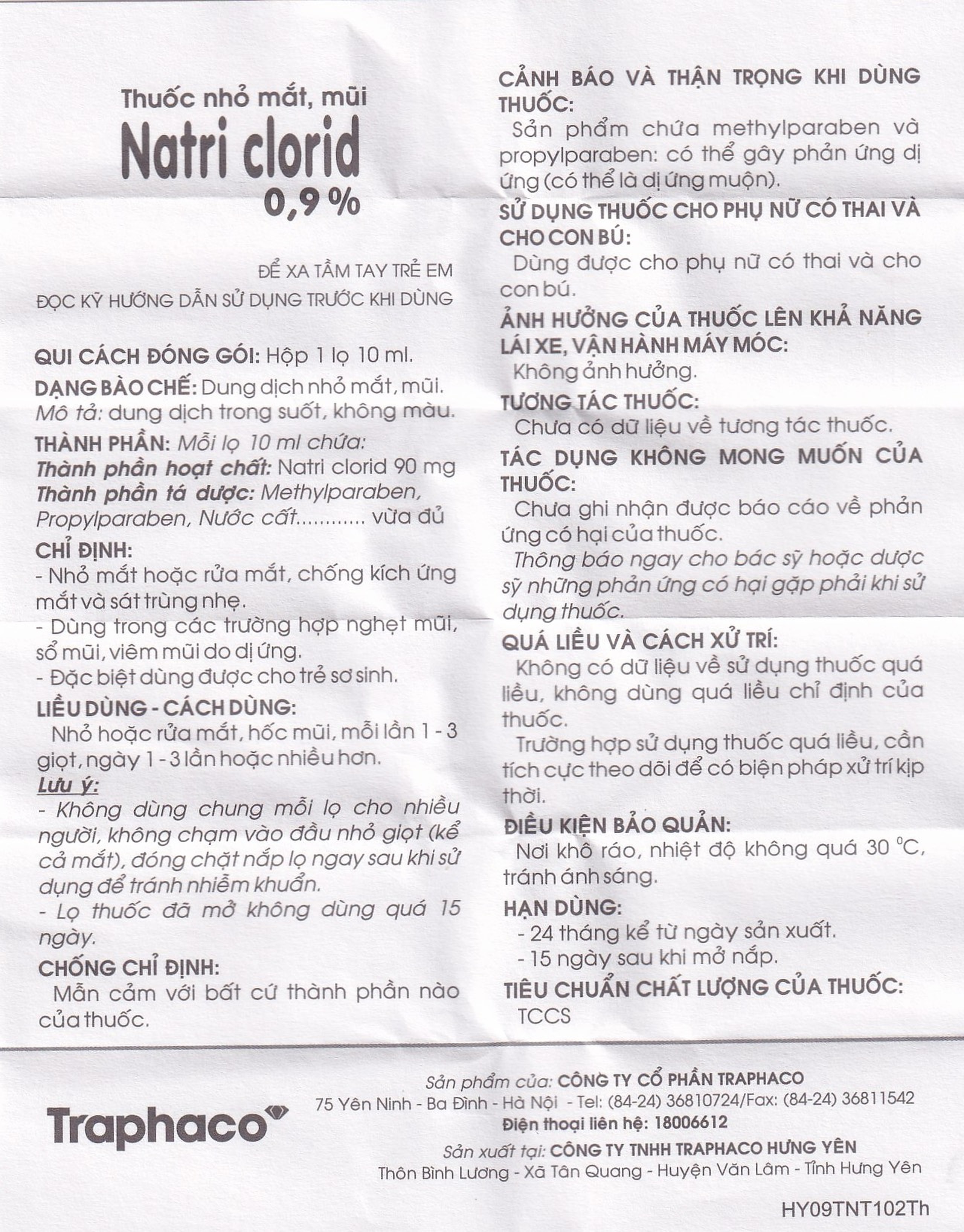 Thuốc nhỏ mắt, mũi Natri Clorid 0,9% Traphaco giảm nghẹt mũi, chảy mũi, viêm mũi dị ứng (10ml)
