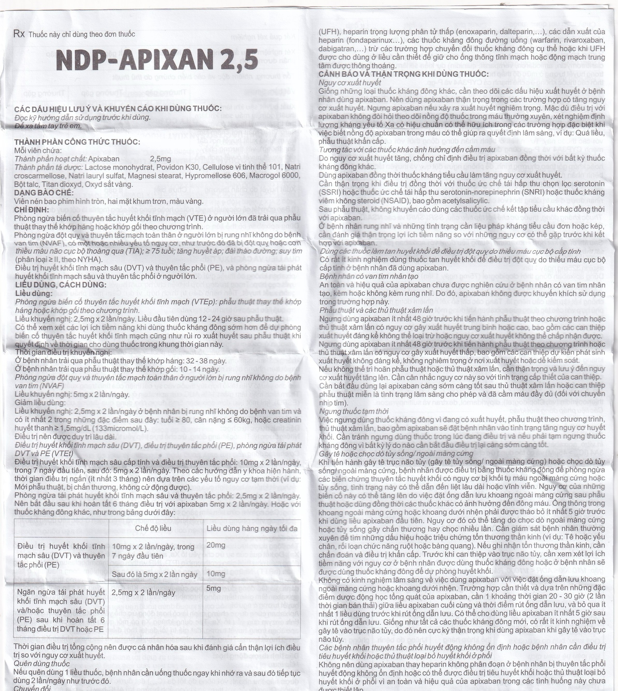 NDP-Apixan 2,5mg Nadyphar phòng ngừa biến cố thuyên tắc huyết khối tĩnh mạch (10 vỉ x 10 viên)