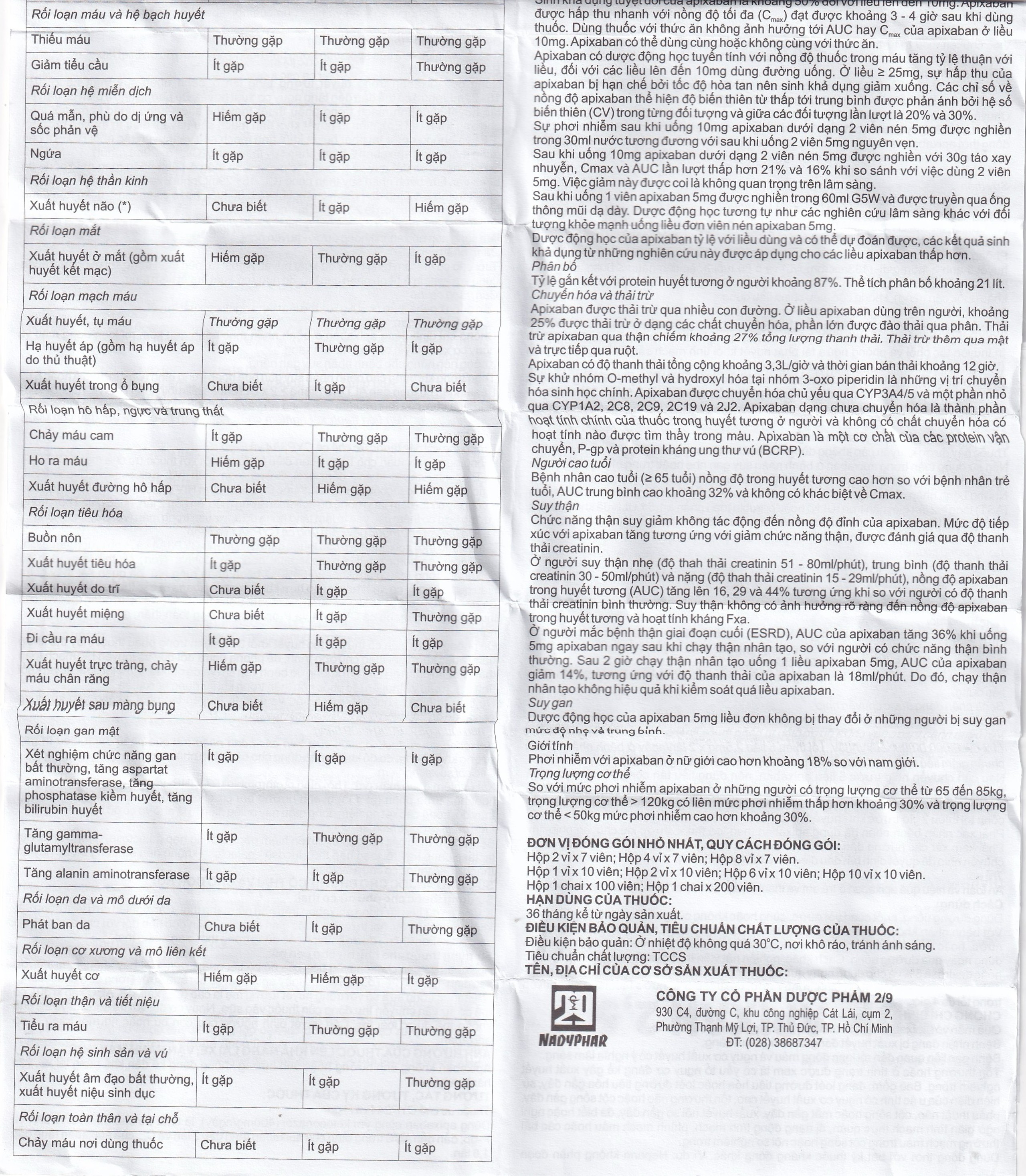 NDP-Apixan 2,5mg Nadyphar phòng ngừa biến cố thuyên tắc huyết khối tĩnh mạch (10 vỉ x 10 viên)