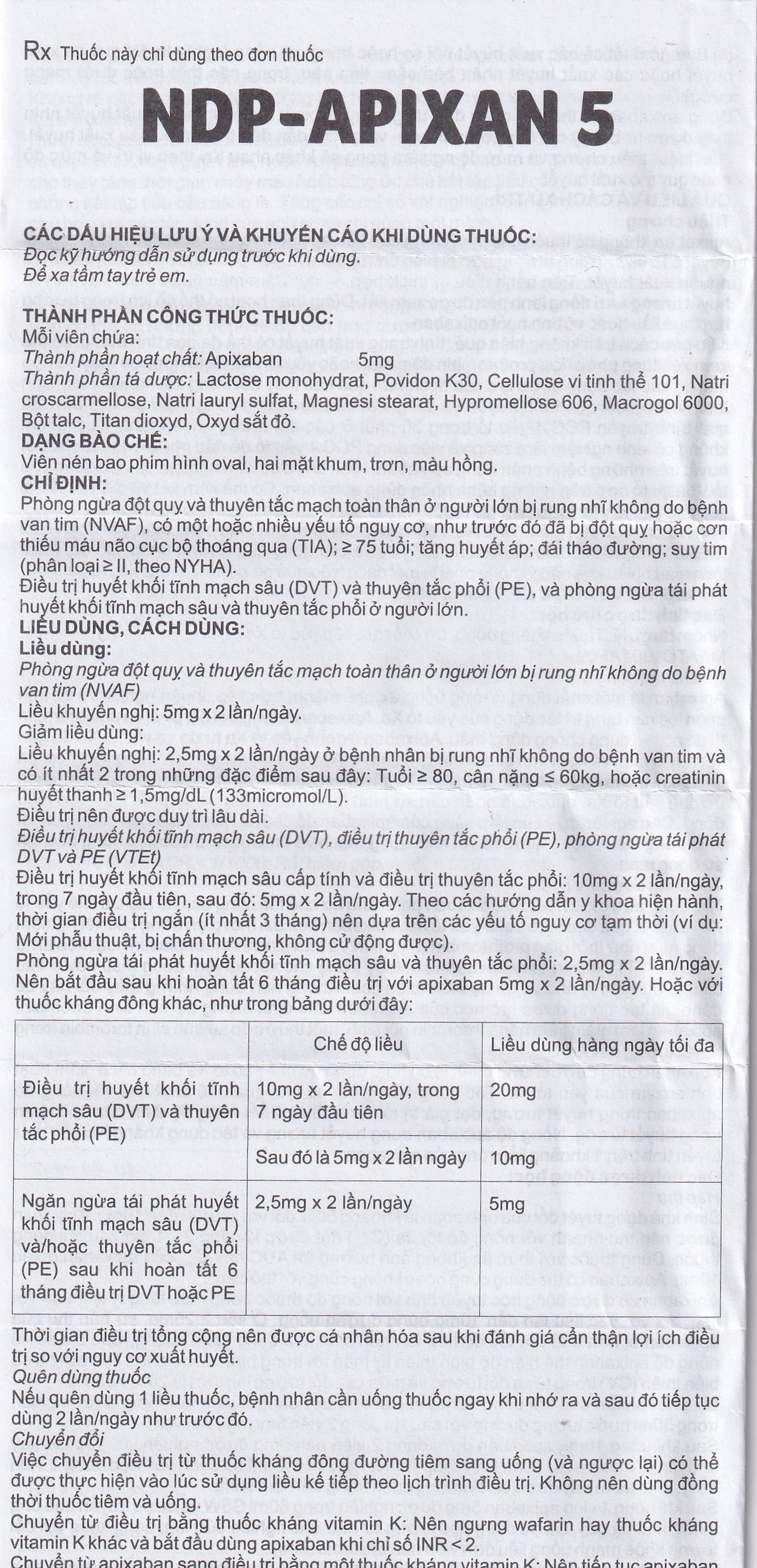 Thuốc NDP-Apixan 5mg Nadyphar hỗ trợ phòng ngừa đột quỵ, tăng huyết áp (2 vỉ x 10 viên)