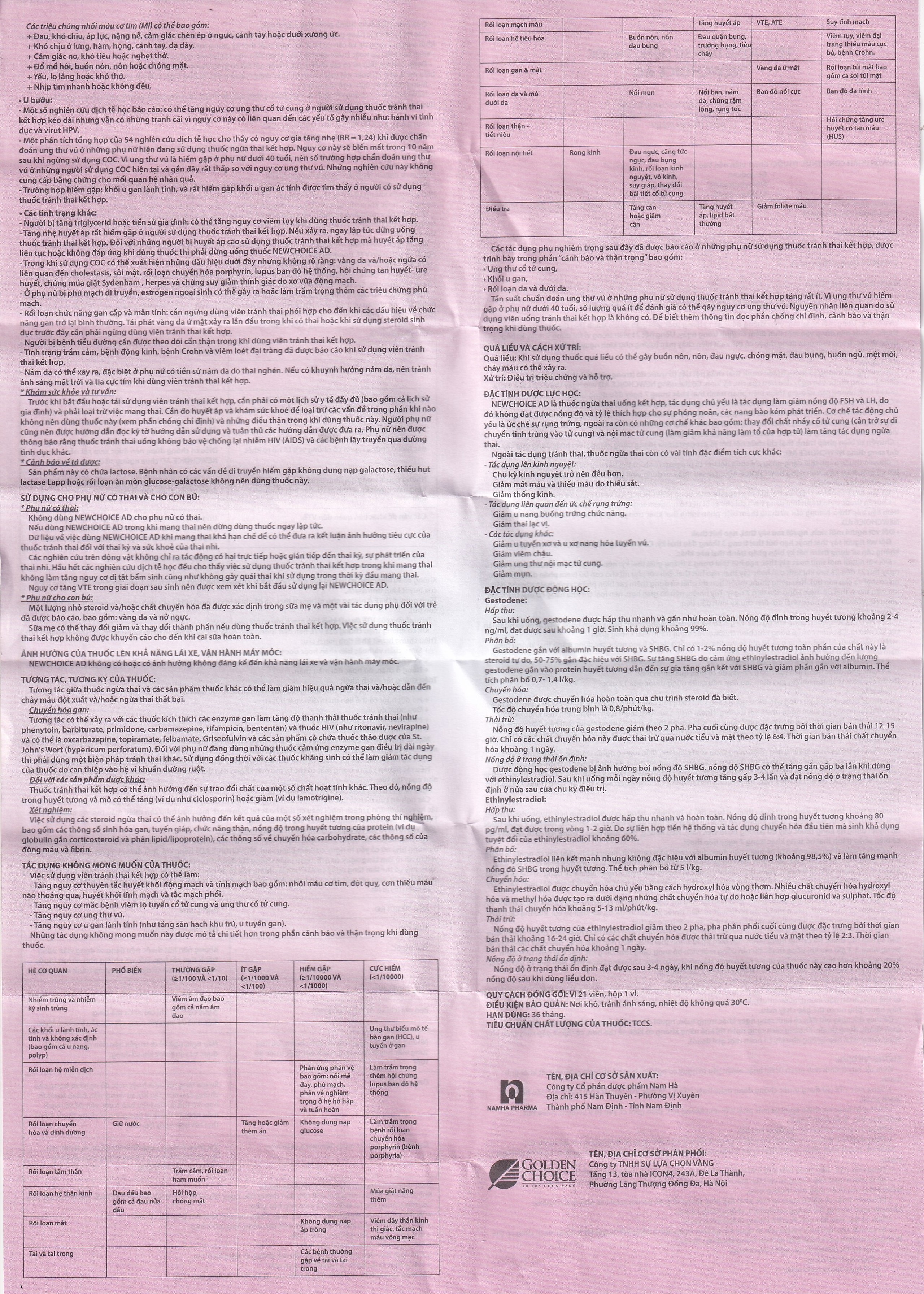 Thuốc tránh thai hàng ngày New Choice AD Advanced Formula Nam Hà (1 vỉ x 21 viên)
