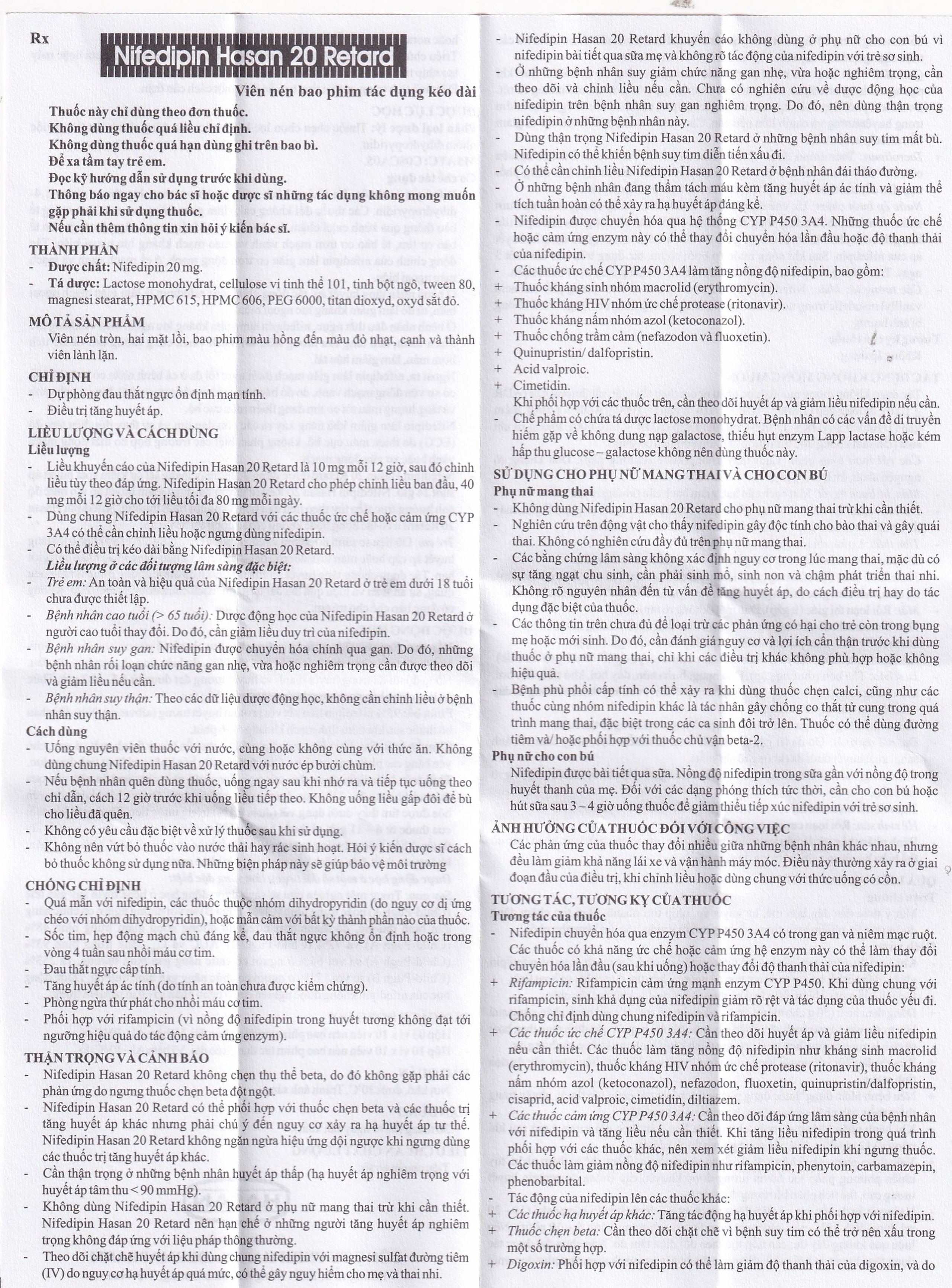 Viên nén Nifedipin Hasan 20 Retard Hasan điều trị tăng huyết áp (10 vỉ x 10 viên)