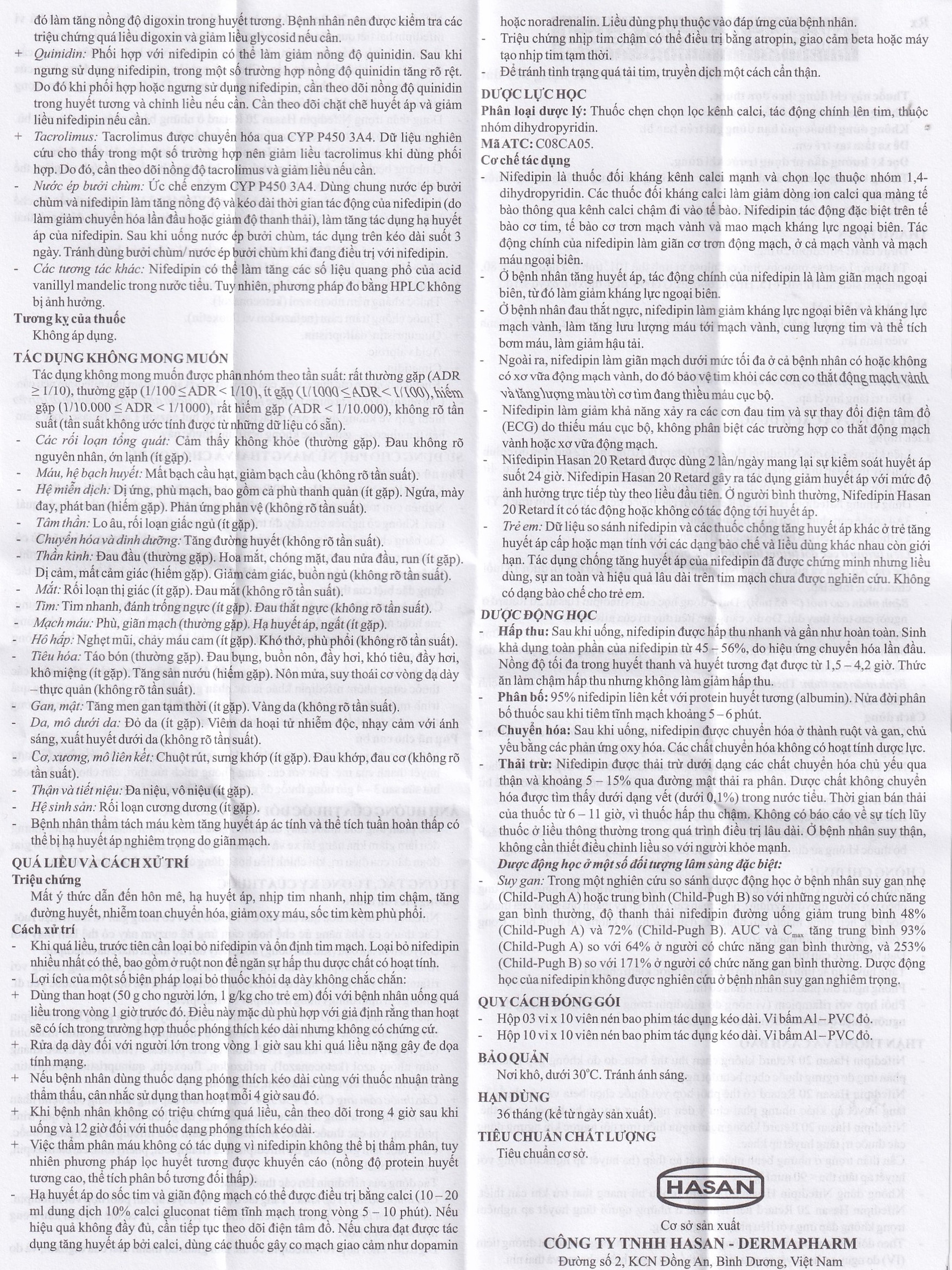 Viên nén Nifedipin Hasan 20 Retard Hasan điều trị tăng huyết áp (10 vỉ x 10 viên)