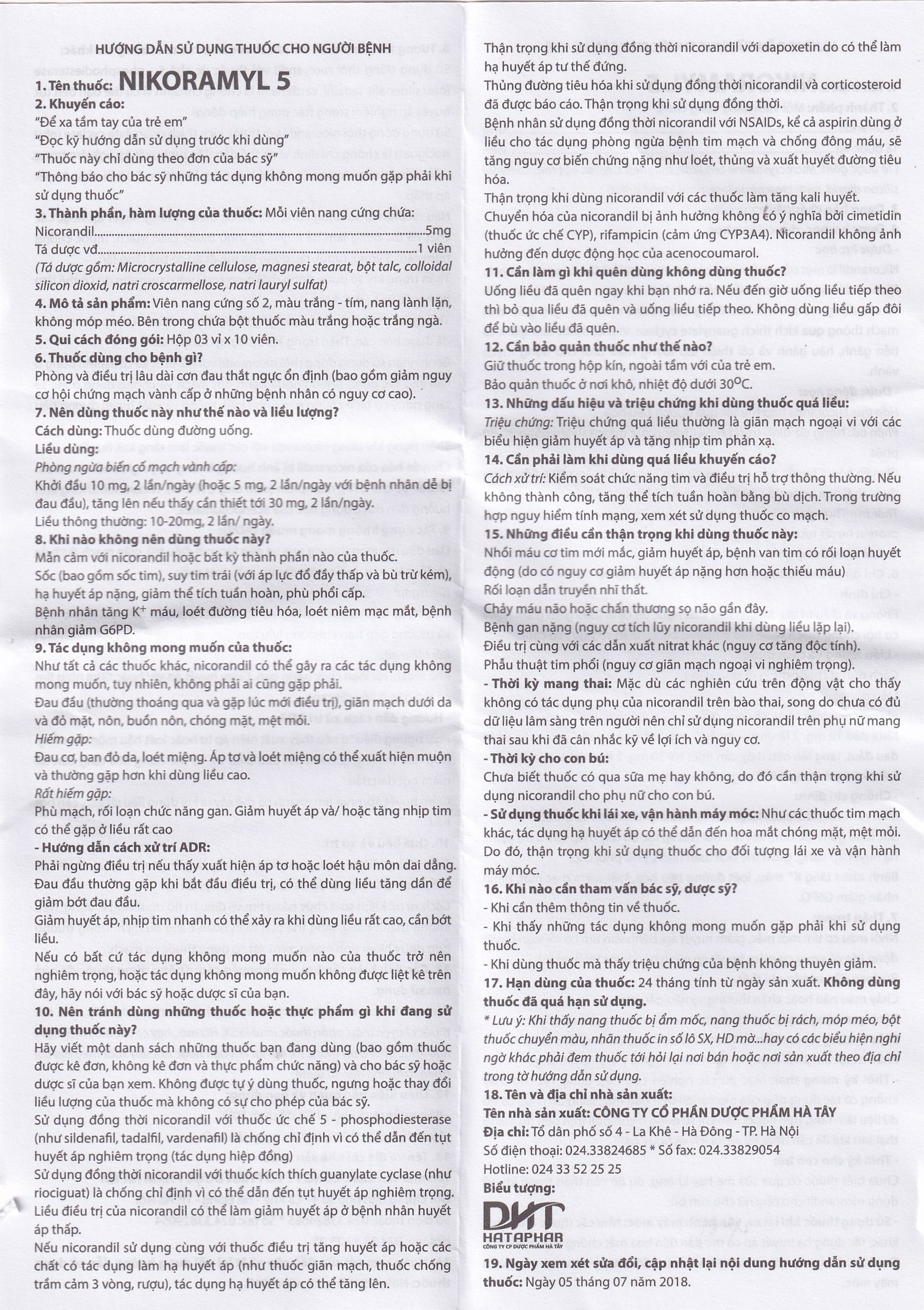 Viên nang cứng Nikoramyl 5 Hà Tây phòng và điều trị cơn đau thắt ngực (3 vỉ x 10 viên) 