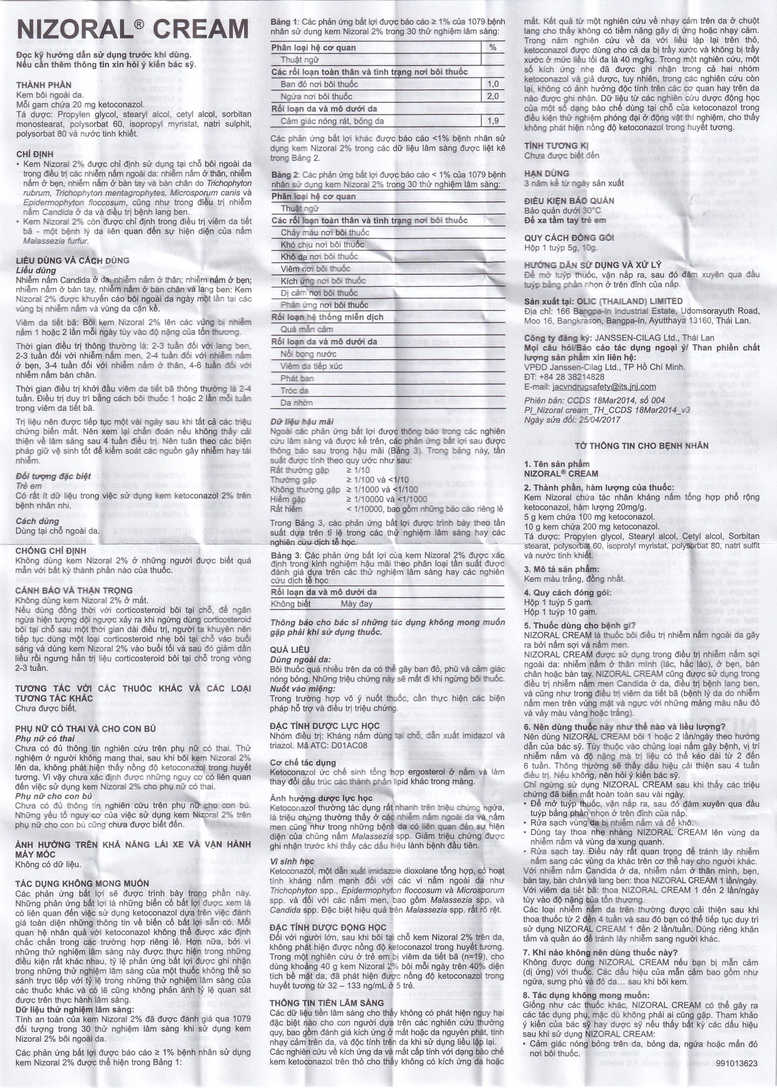 Kem bôi da Nizoral Cream Janssen điều trị nấm ngoài da, lang ben (10g)