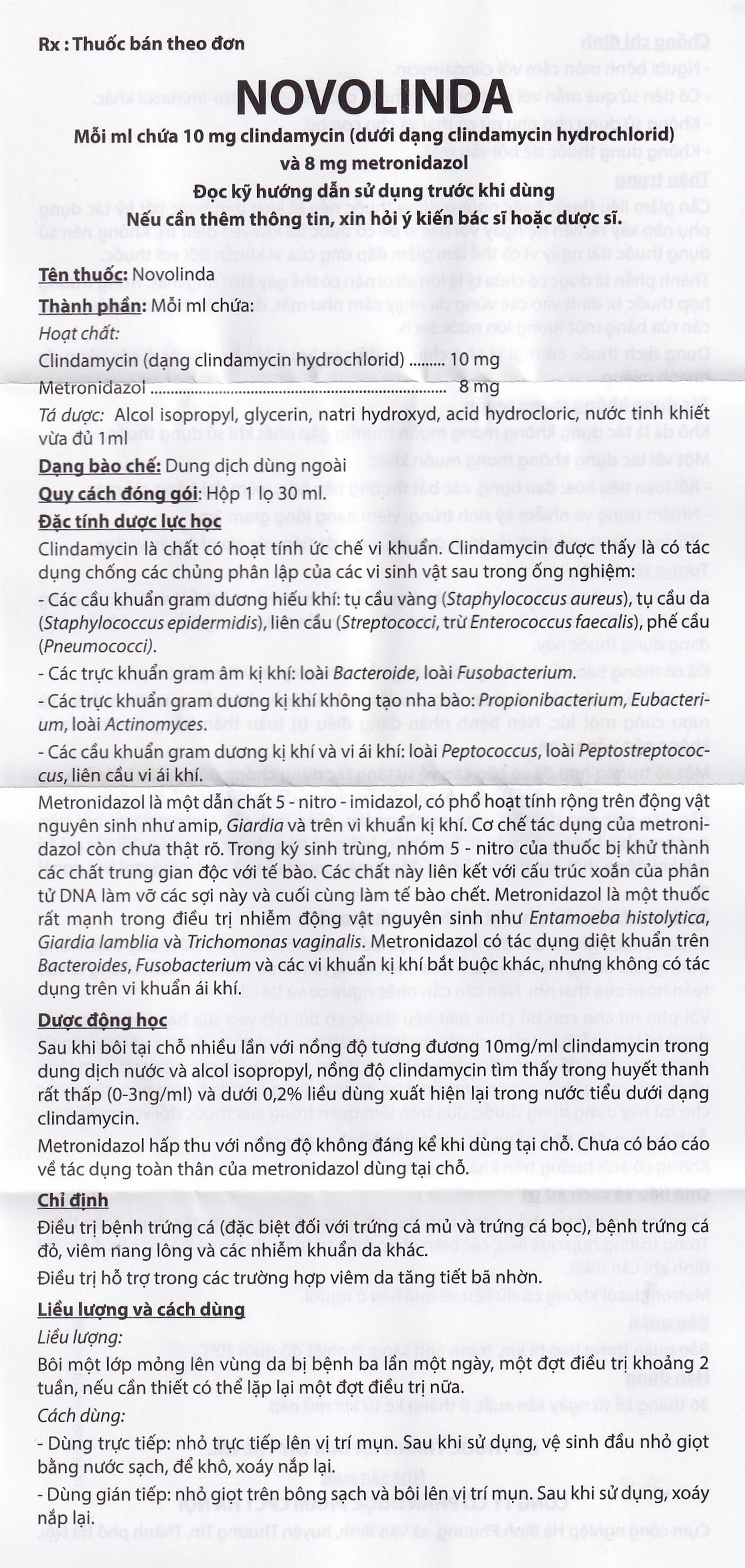Dung dịch Novolinda CPC1 Hà Nội điều trị bệnh trứng cá, viêm nang lông (30ml)