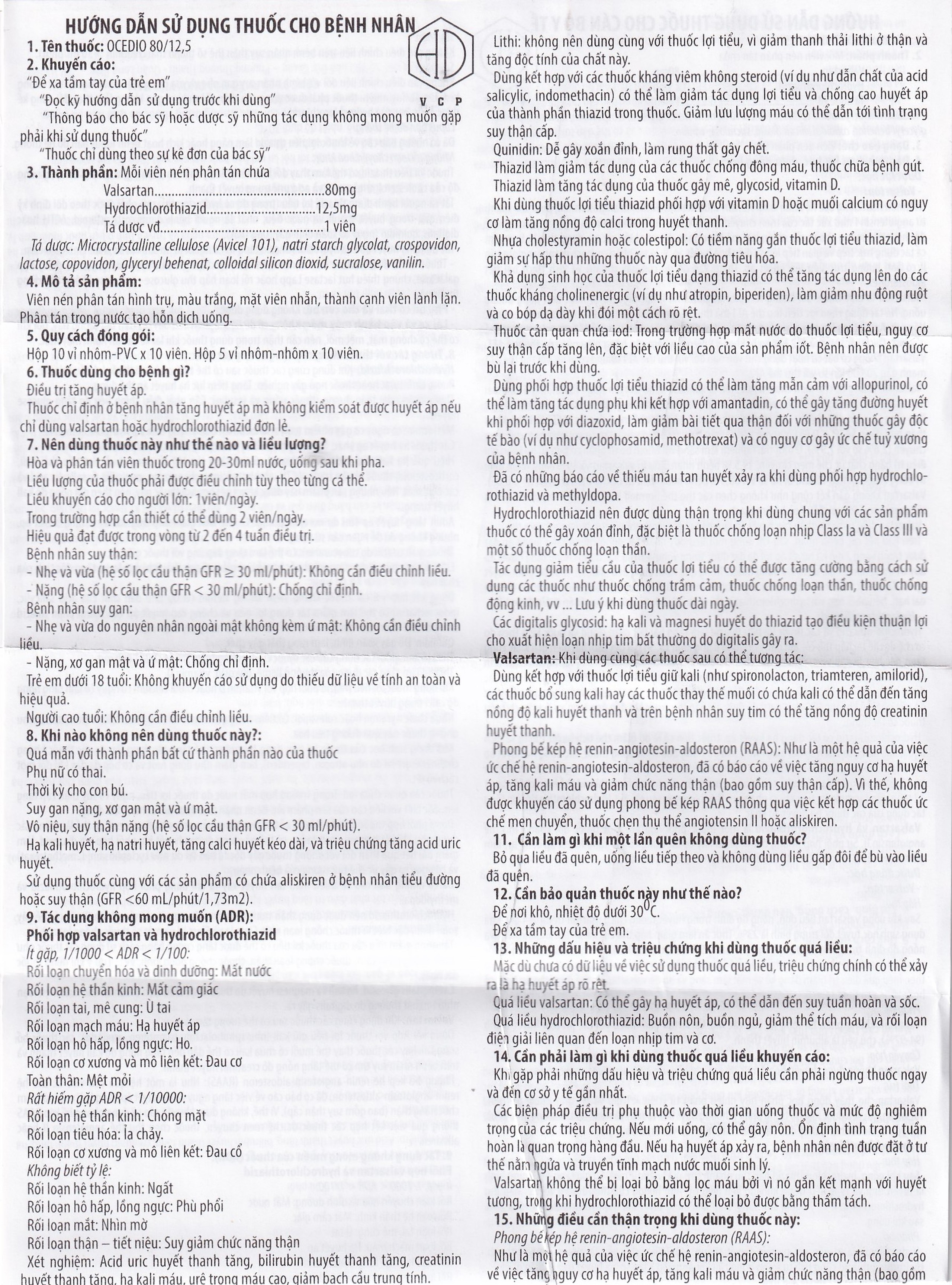 Thuốc Ocedio 80/12,5 VCP điều trị cao huyết áp (5 vỉ x 10 viên)