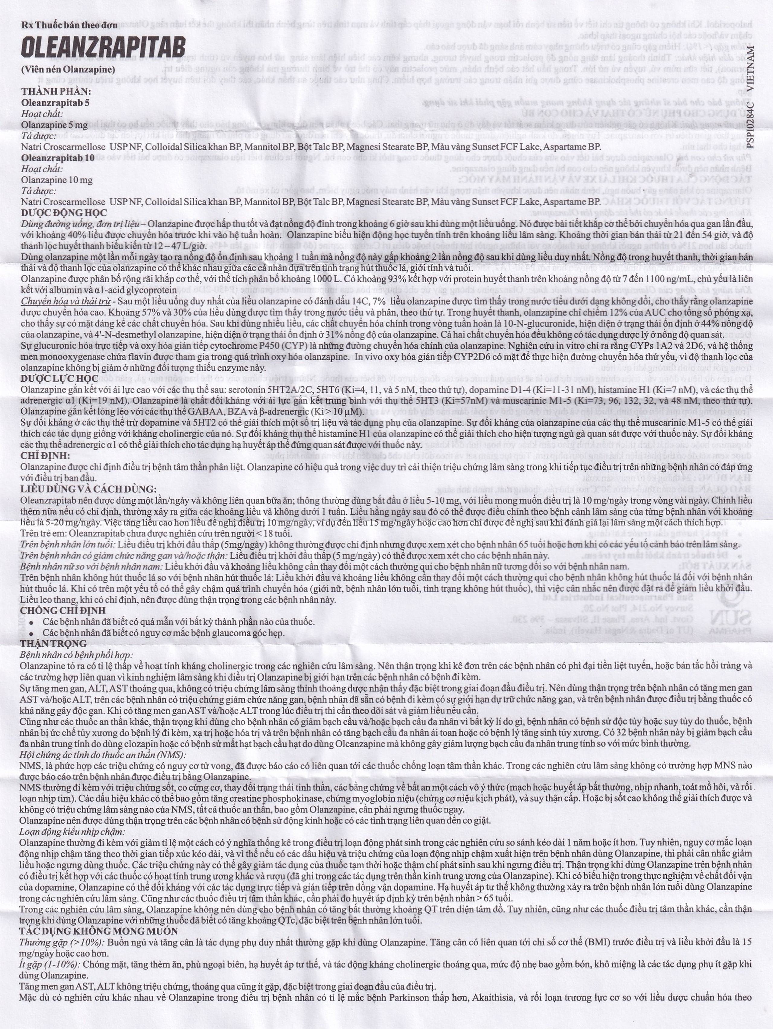 Viên nén Oleanzrapitab 5 Sun Pharma điều trị bệnh tâm thần phân liệt (5 vỉ x 10 viên)