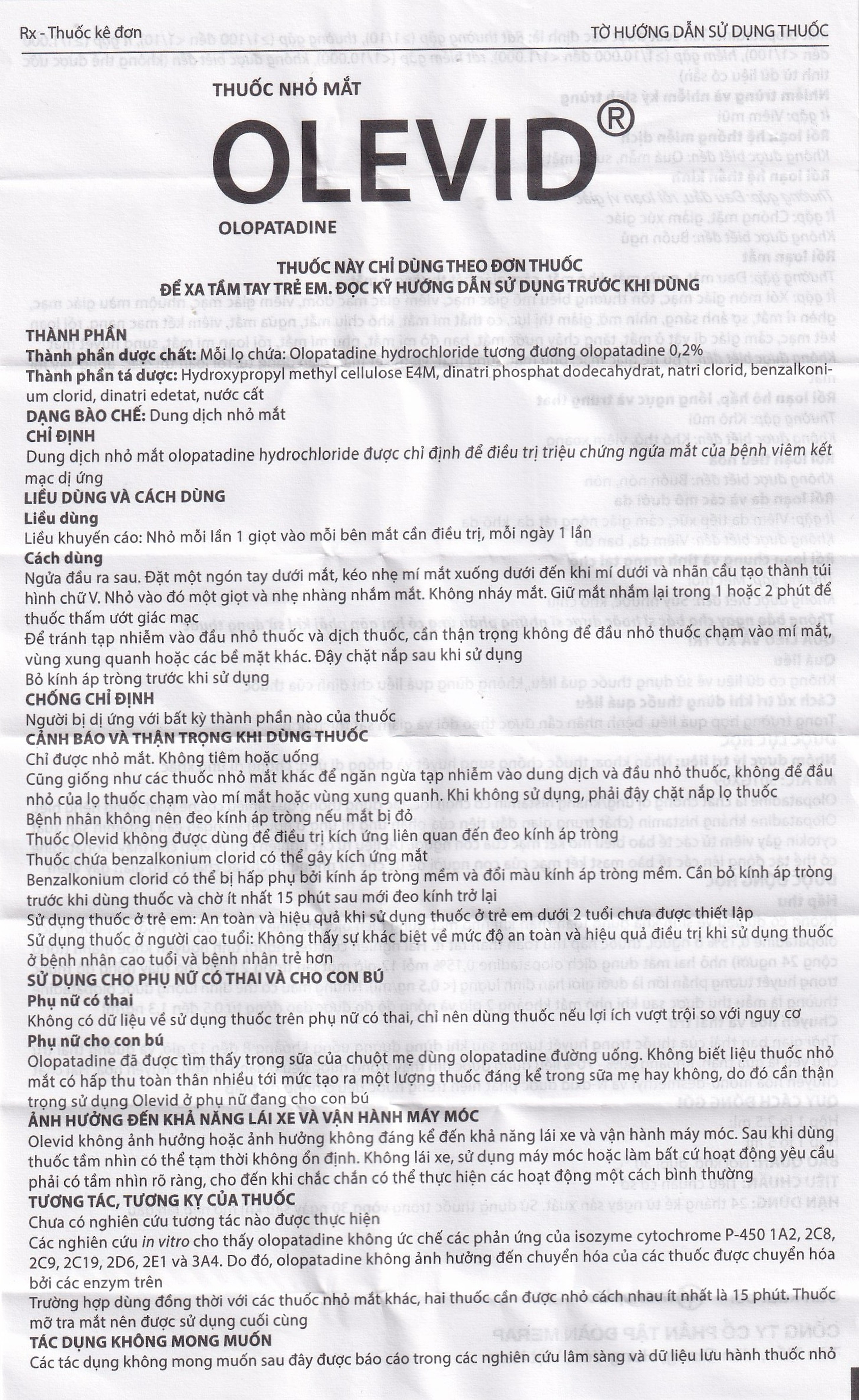 Thuốc nhỏ mắt Olevid Olopatadine 5ml Merap điều trị triệu chứng ngứa mắt của bệnh viêm kết mạc dị ứng