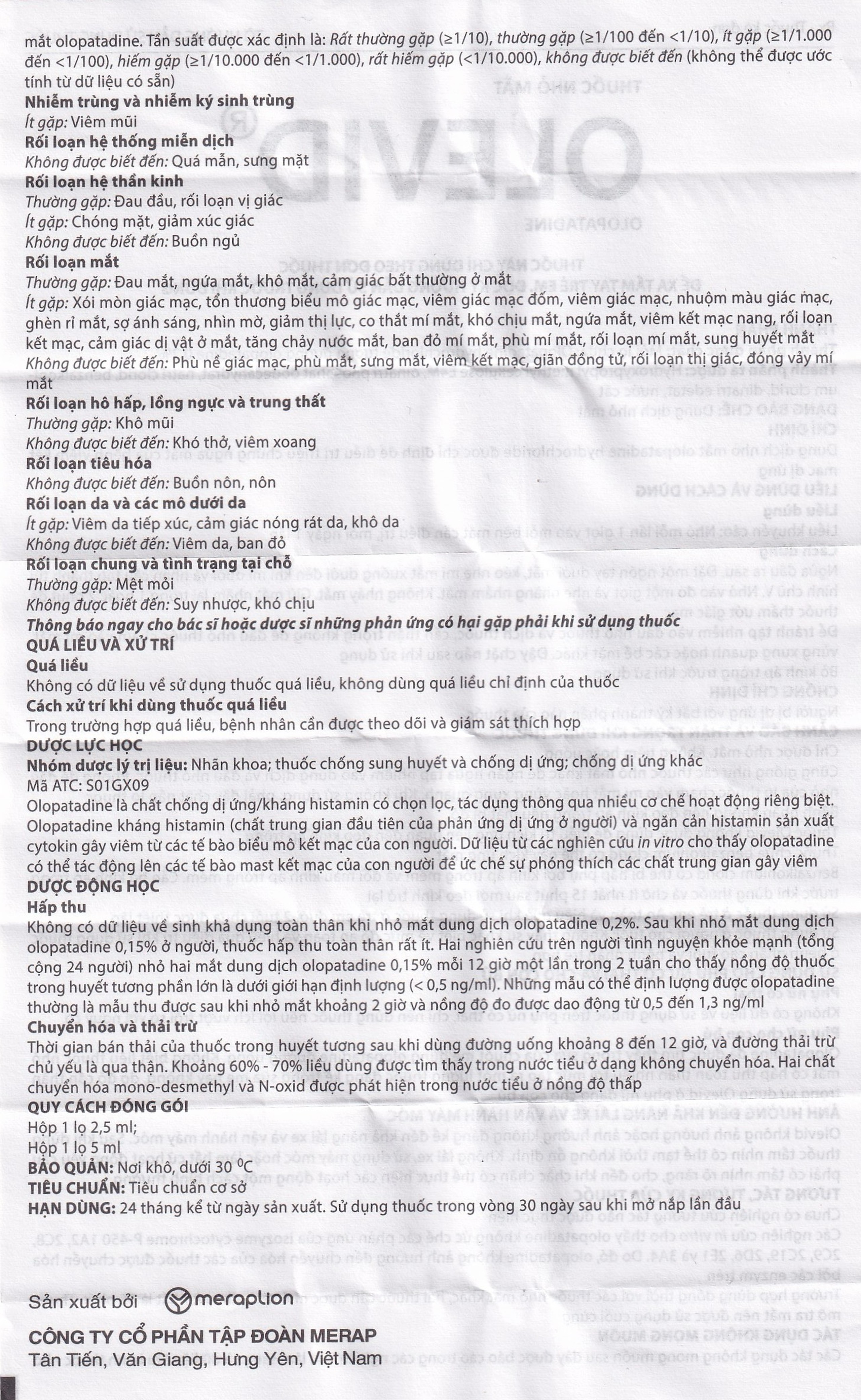 Thuốc nhỏ mắt Olevid Olopatadine 5ml Merap điều trị triệu chứng ngứa mắt của bệnh viêm kết mạc dị ứng