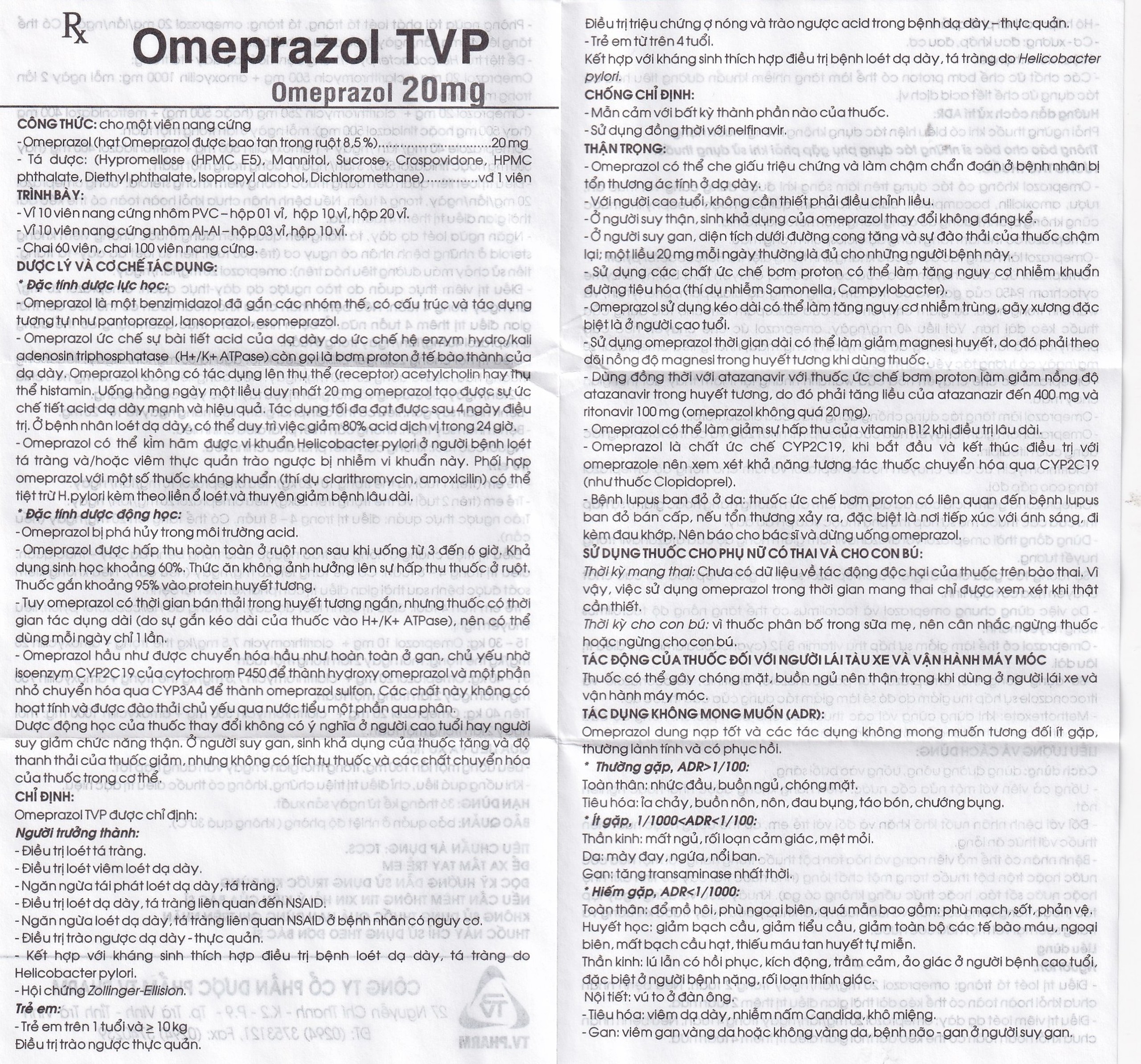Viên nang cứng Omeprazol TVP 20mg điều trị loét tá tràng, viêm loét dạ dày (3 vỉ x 10 viên) 