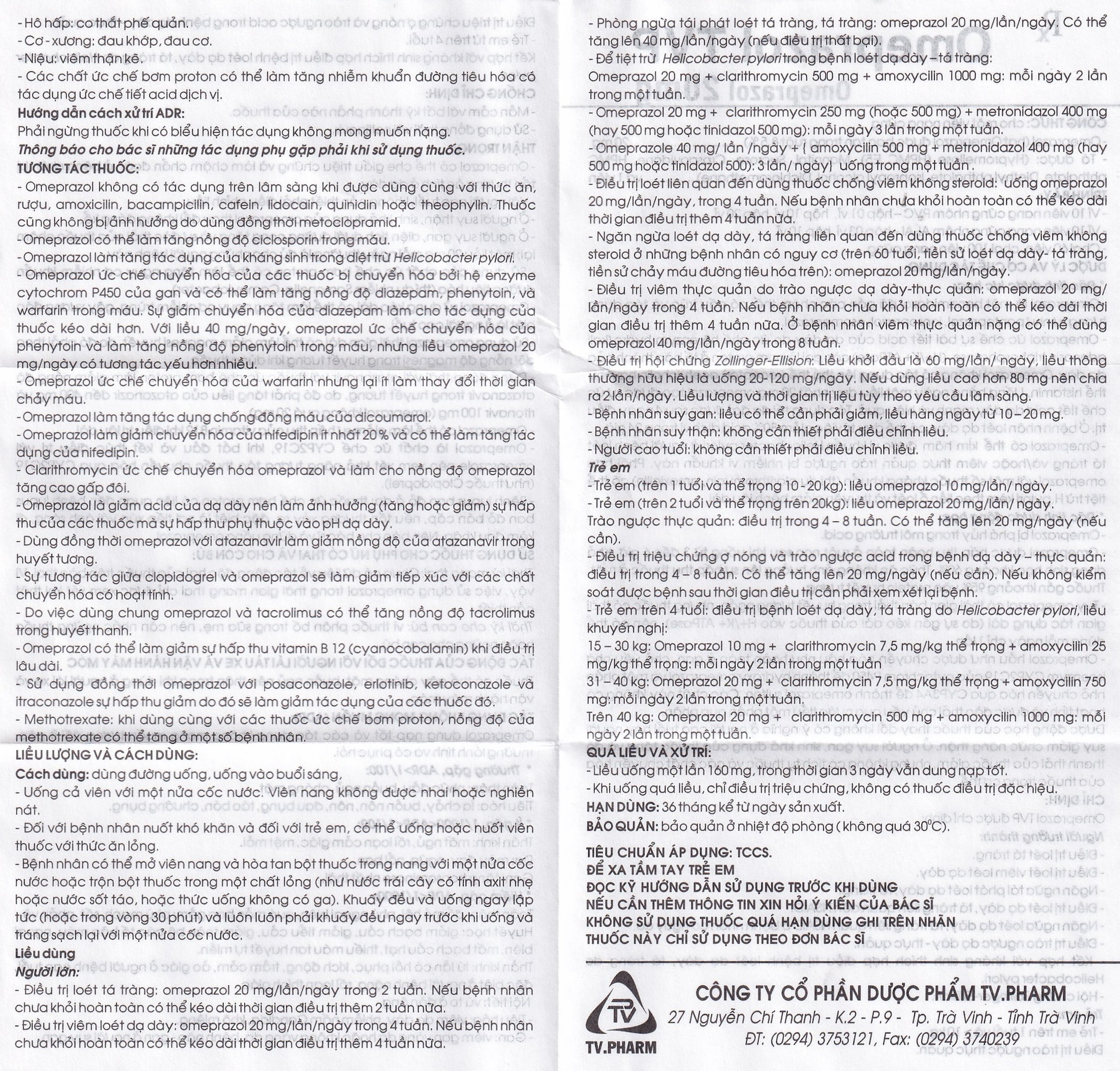 Viên nang cứng Omeprazol TVP 20mg điều trị loét tá tràng, viêm loét dạ dày (3 vỉ x 10 viên) 