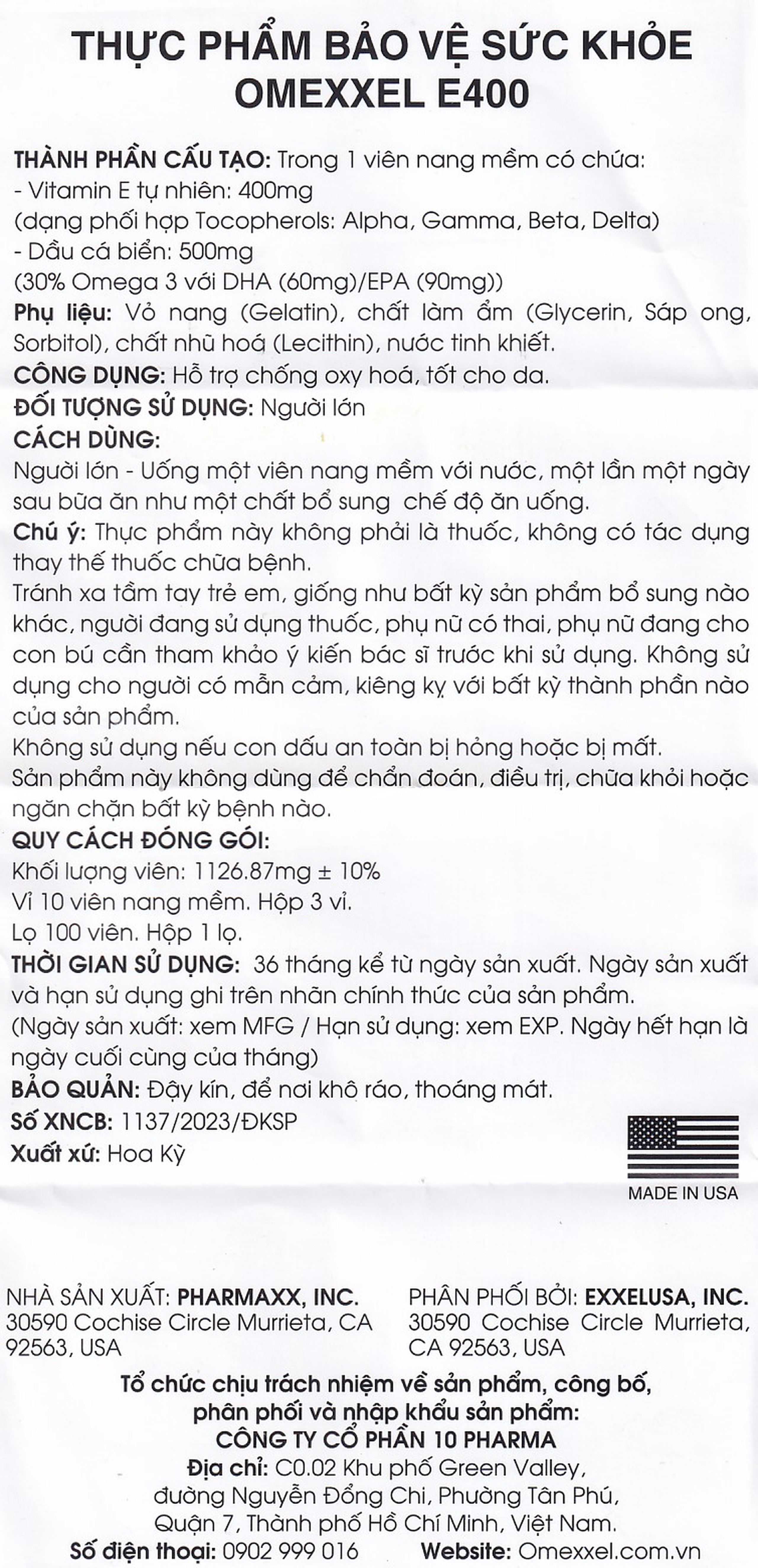 Thực phẩm bảo vệ sức khỏe Omexxel E400 hỗ trợ chống oxy hóa, tốt cho da (3 vỉ x 10 viên)