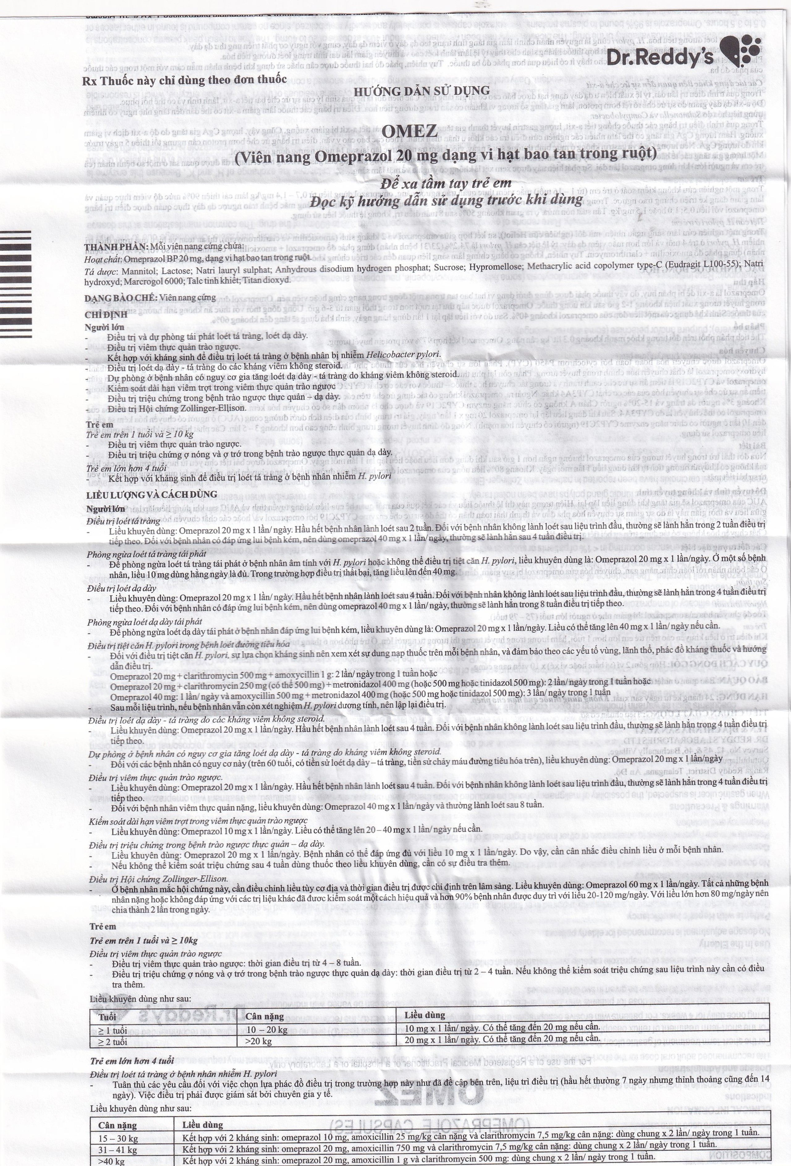 Viên nang cứng Omez 20mg Dr.Reddy's điều trị và dự phòng tái phát loét tá tràng (2 vỉ x 10 viên)
