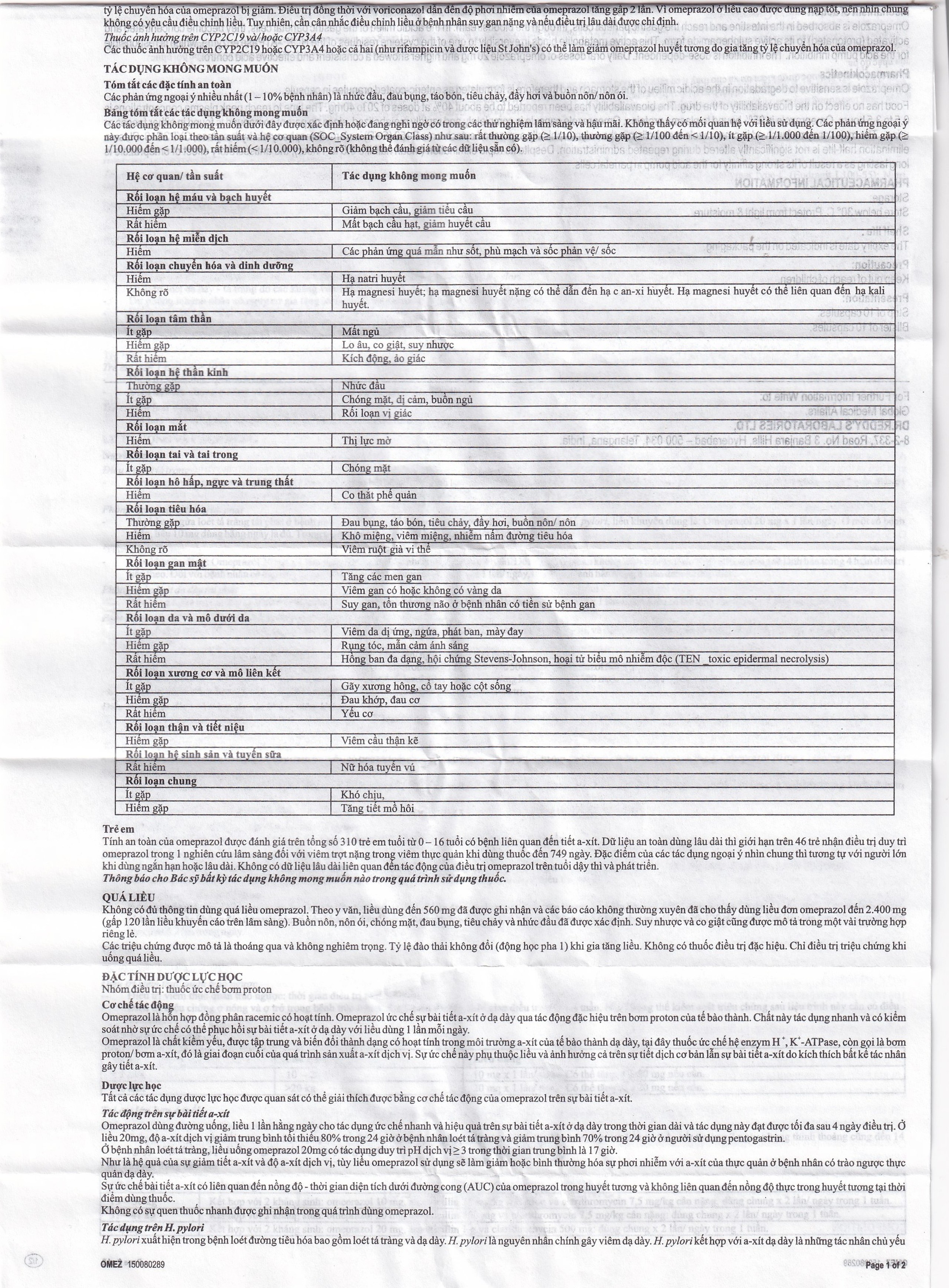 Viên nang cứng Omez 20mg Dr.Reddy's điều trị và dự phòng tái phát loét tá tràng (2 vỉ x 10 viên)