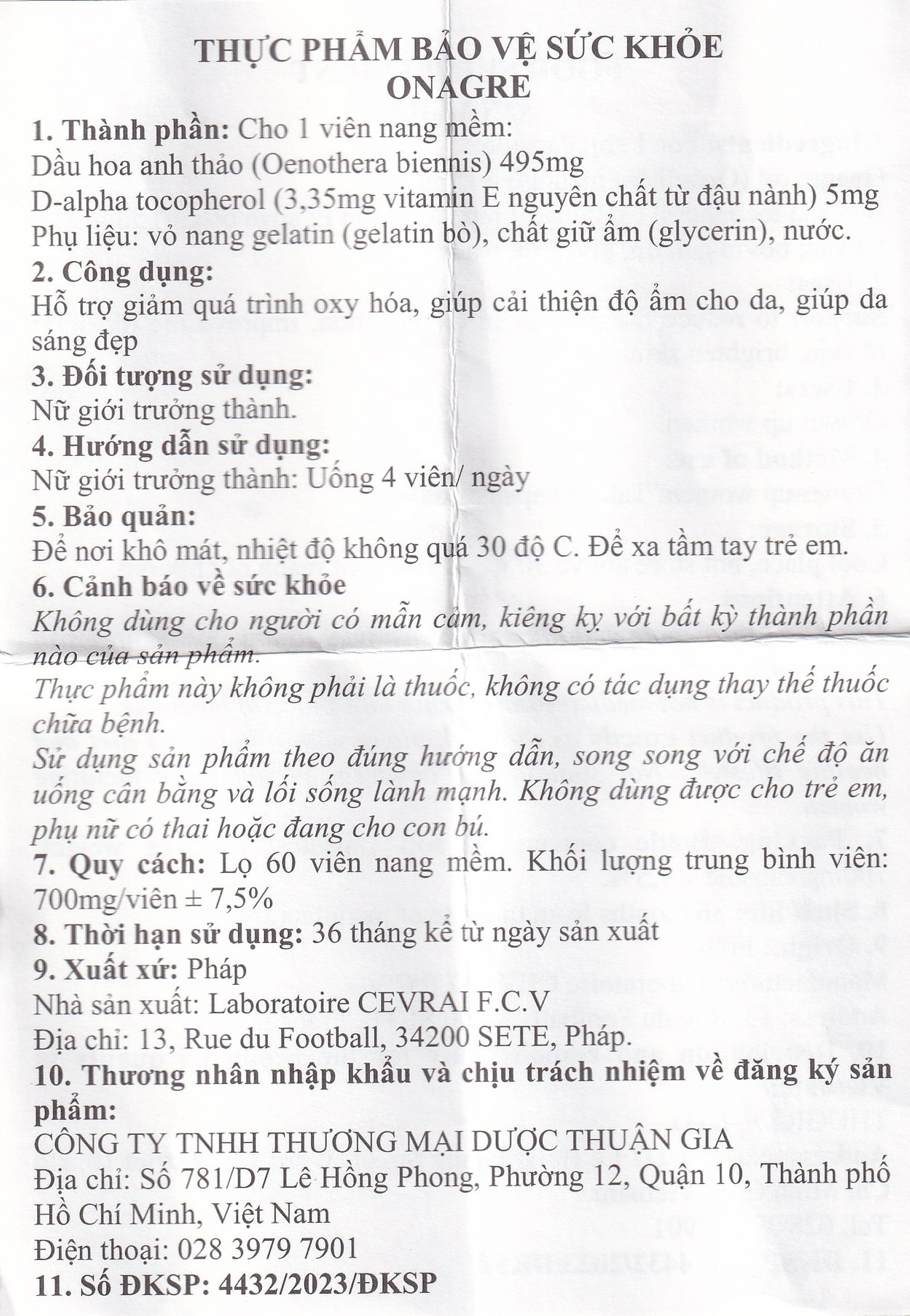 Viên uống giúp da sáng đẹp, giảm quá trình oxy hóa, cải thiện độ ẩm cho da Onagre Cevrai (60 viên)