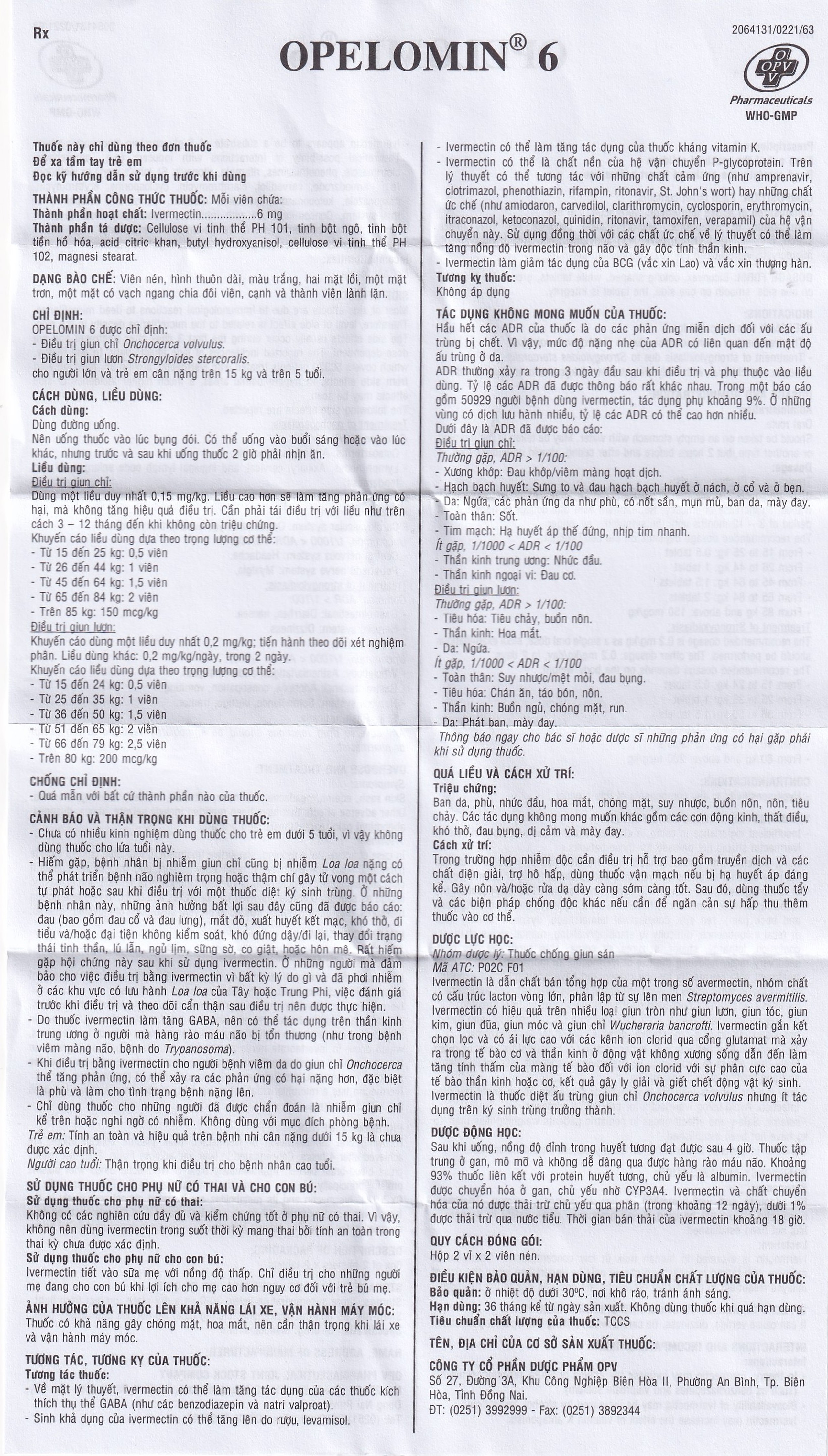 Viên nén Opelomin 6 OPV điều trị giun chỉ, giun lươn (2 vỉ x 2 viên)