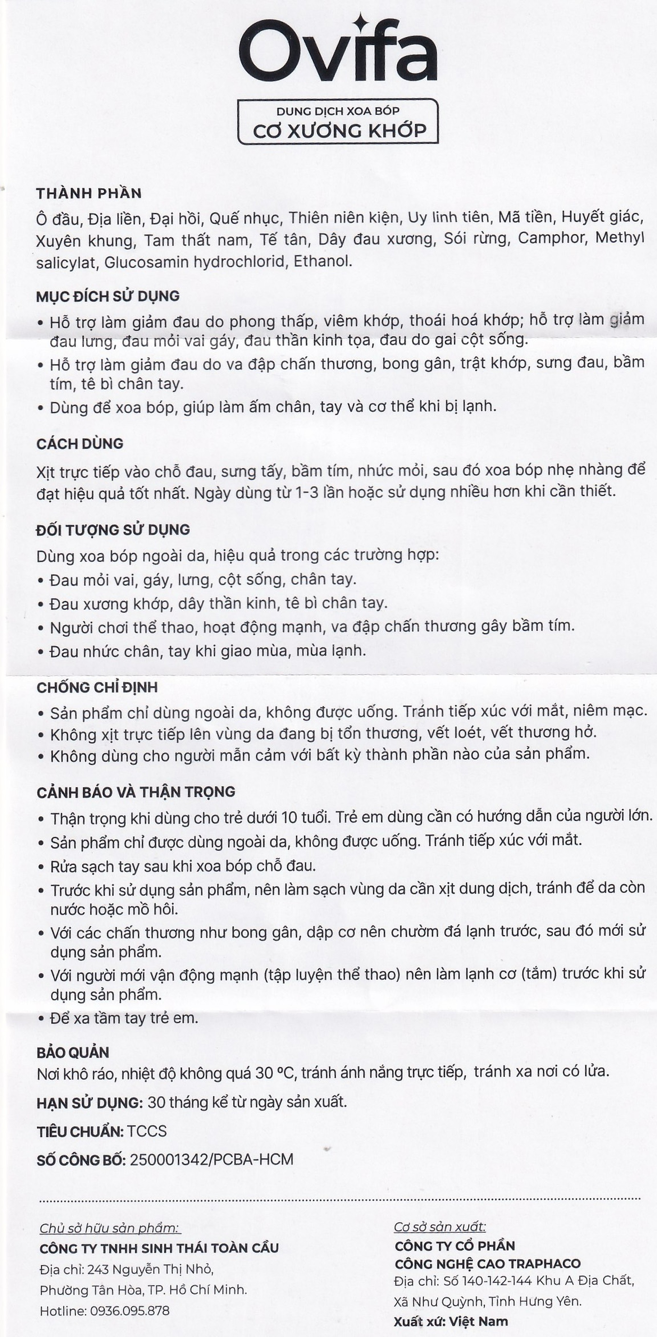 Xịt xoa bóp, giảm đau, nhức xương khớp Ovifa 60ml