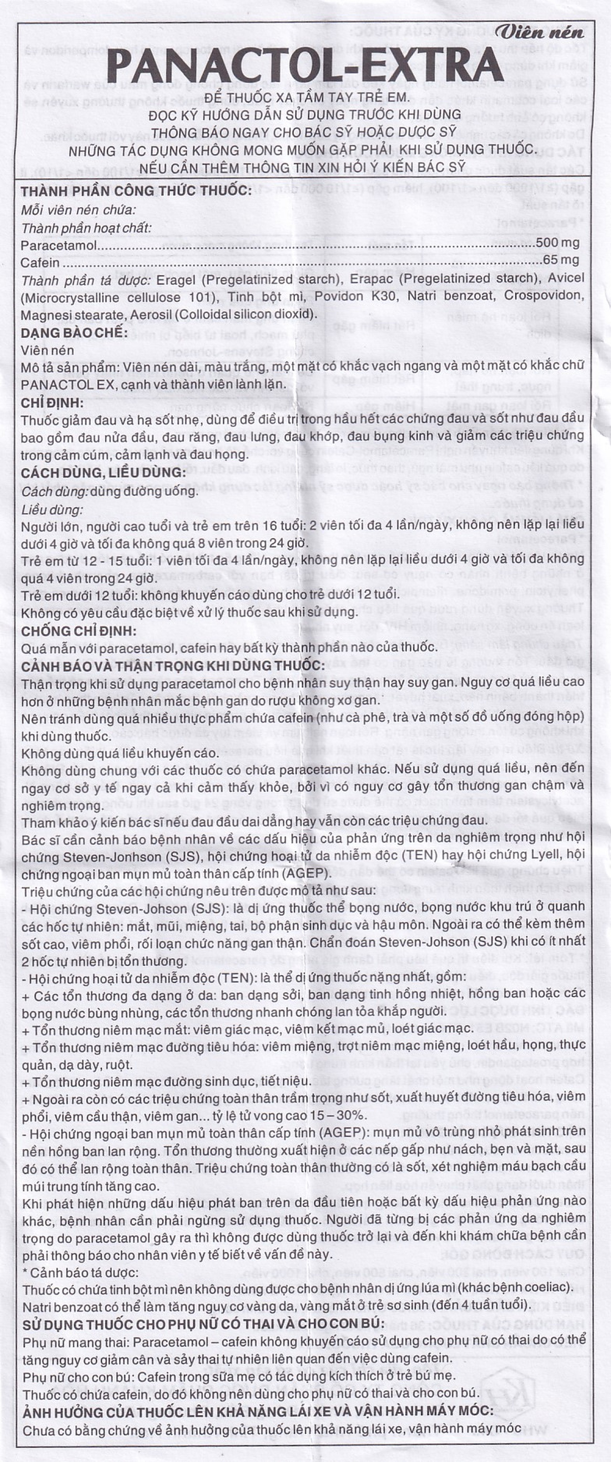 Viên nén Panactol Extra Khapharco hạ sốt, giảm đau (10 vỉ x 10 viên)