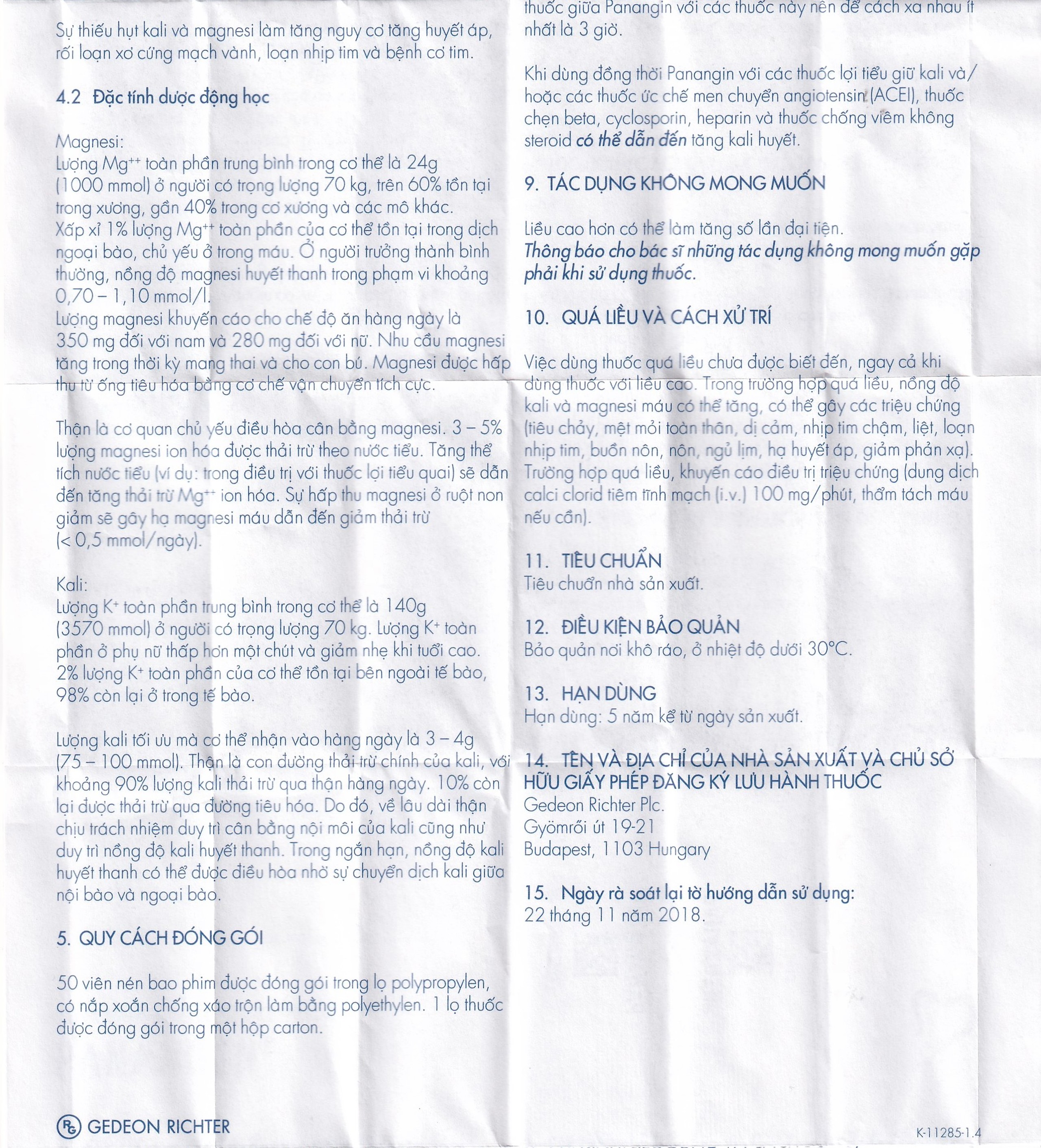 Viên nén Panangin Gedeon bổ sung kali, magnesi dùng trong suy tim (50 viên)