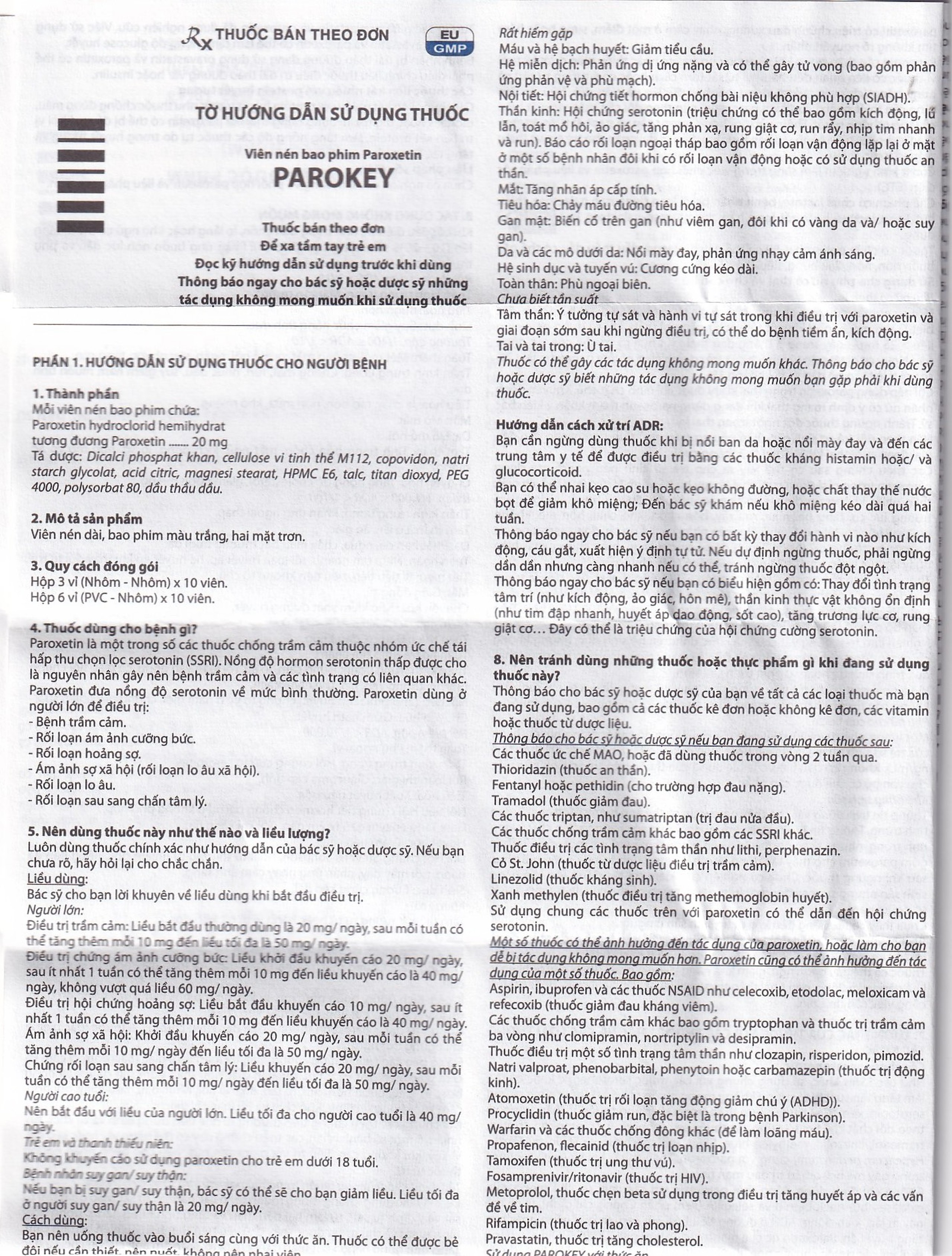 Viên nén Parokey 20mg DaViPharm điều trị trầm cảm, rối loạn ám ảnh cưỡng bức (3 vỉ x 10 viên) 