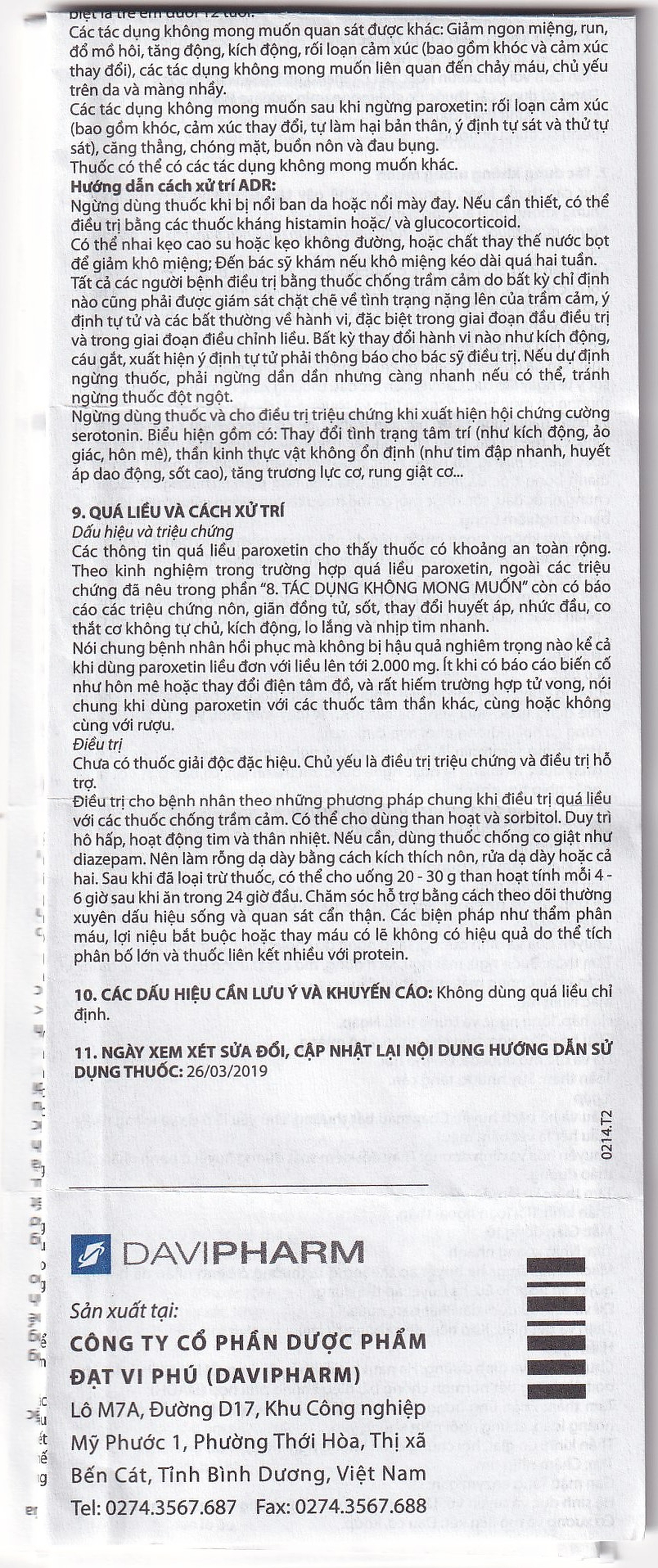 Viên nén Parokey 20mg DaViPharm điều trị trầm cảm, rối loạn ám ảnh cưỡng bức (3 vỉ x 10 viên) 