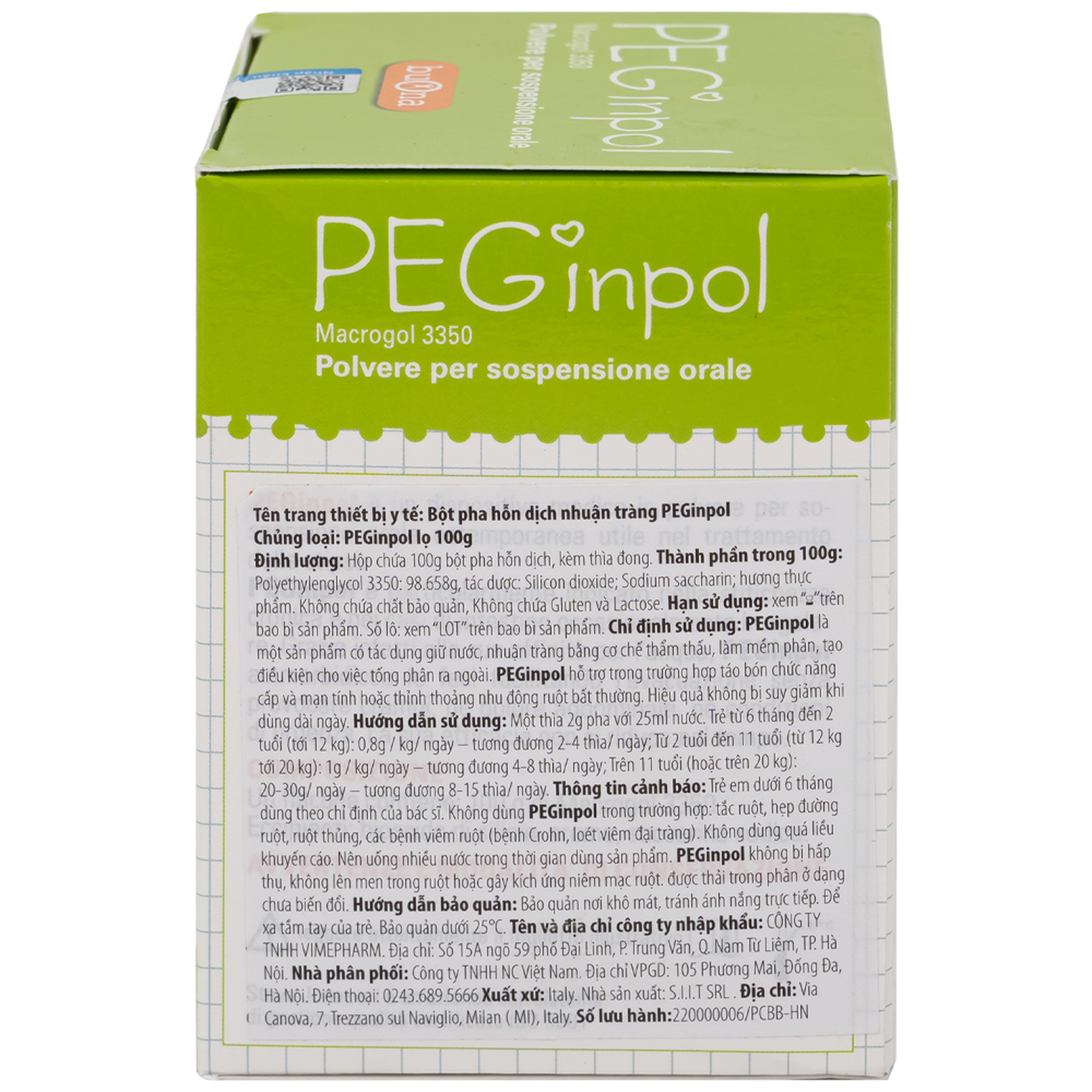 Bột nhuận tràng Buona Peginpol 100g cải thiện tình trạng táo bón cho trẻ từ 6 tháng tuổi