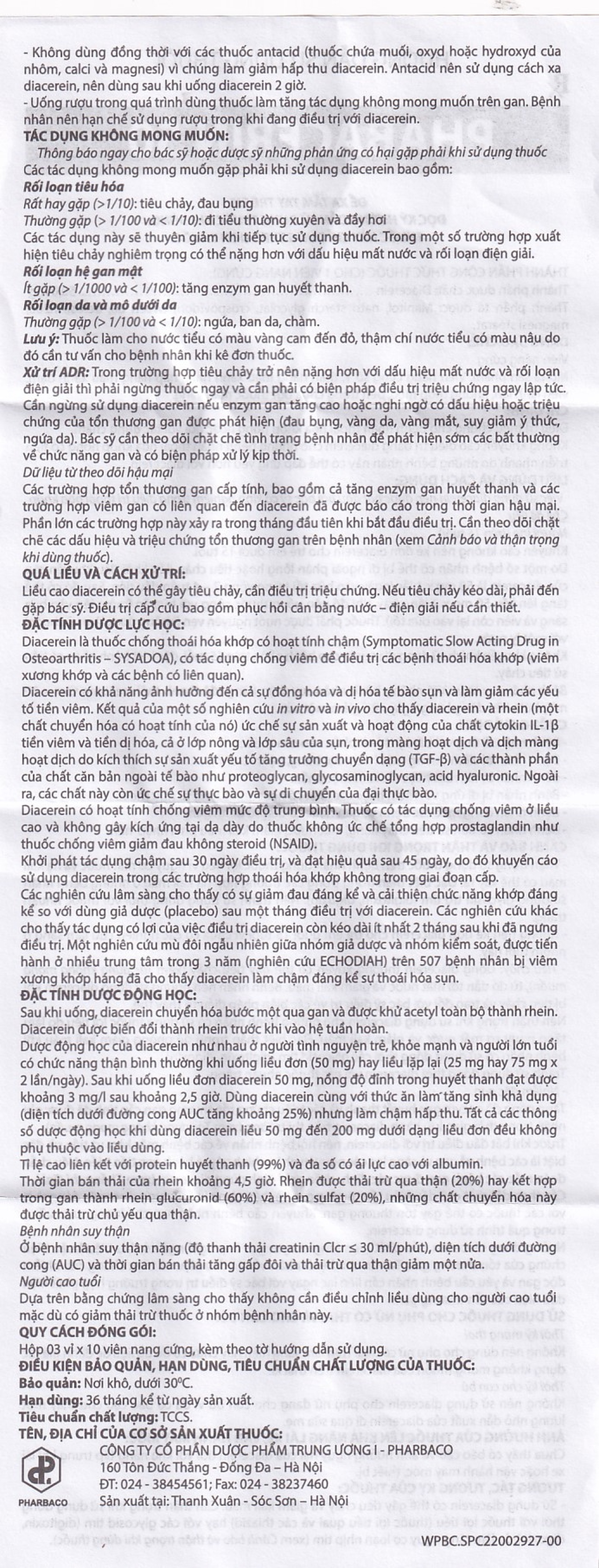 Thuốc uống Phabacerin 50 Pharbaco điều trị thoái hóa khớp (3 vỉ x 10 viên)