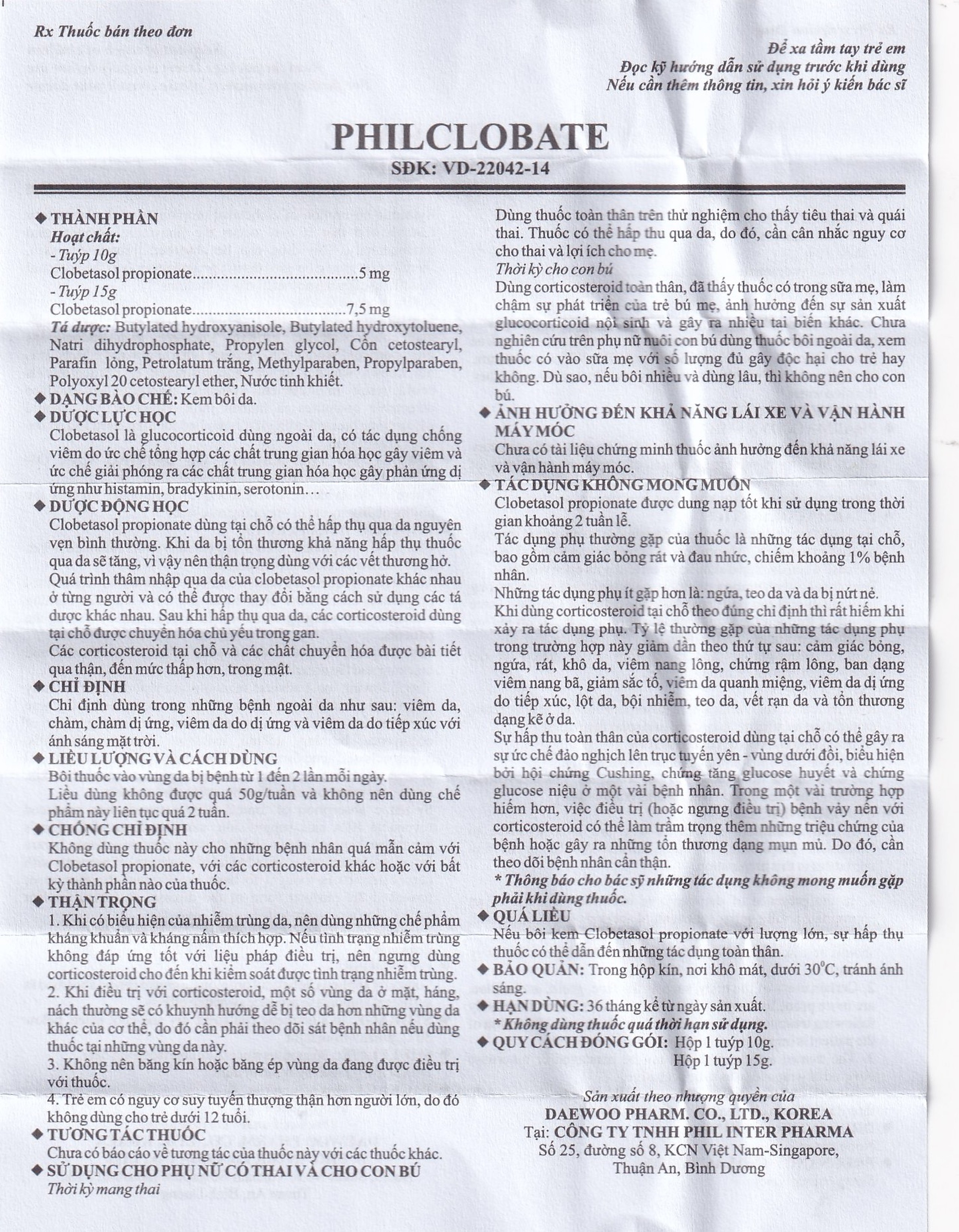 Kem bôi da PhilClobate Phil Inter Pharma điều trị viêm da, chàm, chàm dị ứng (15g)