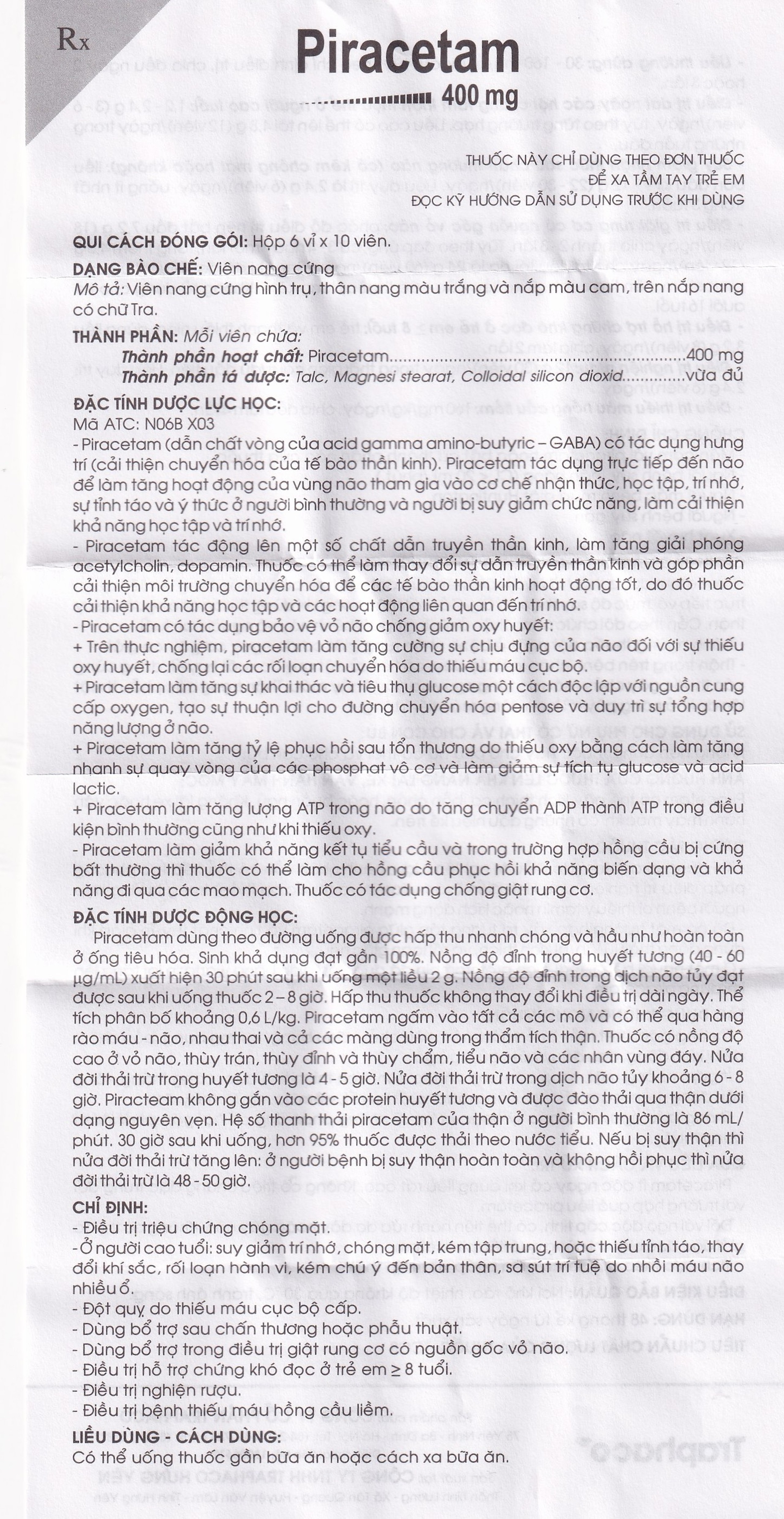 Viên nang cứng Piracetam 400mg Traphaco điều trị triệu chứng chóng mặt, suy giảm trí nhớ (6 vỉ x 10 viên) 