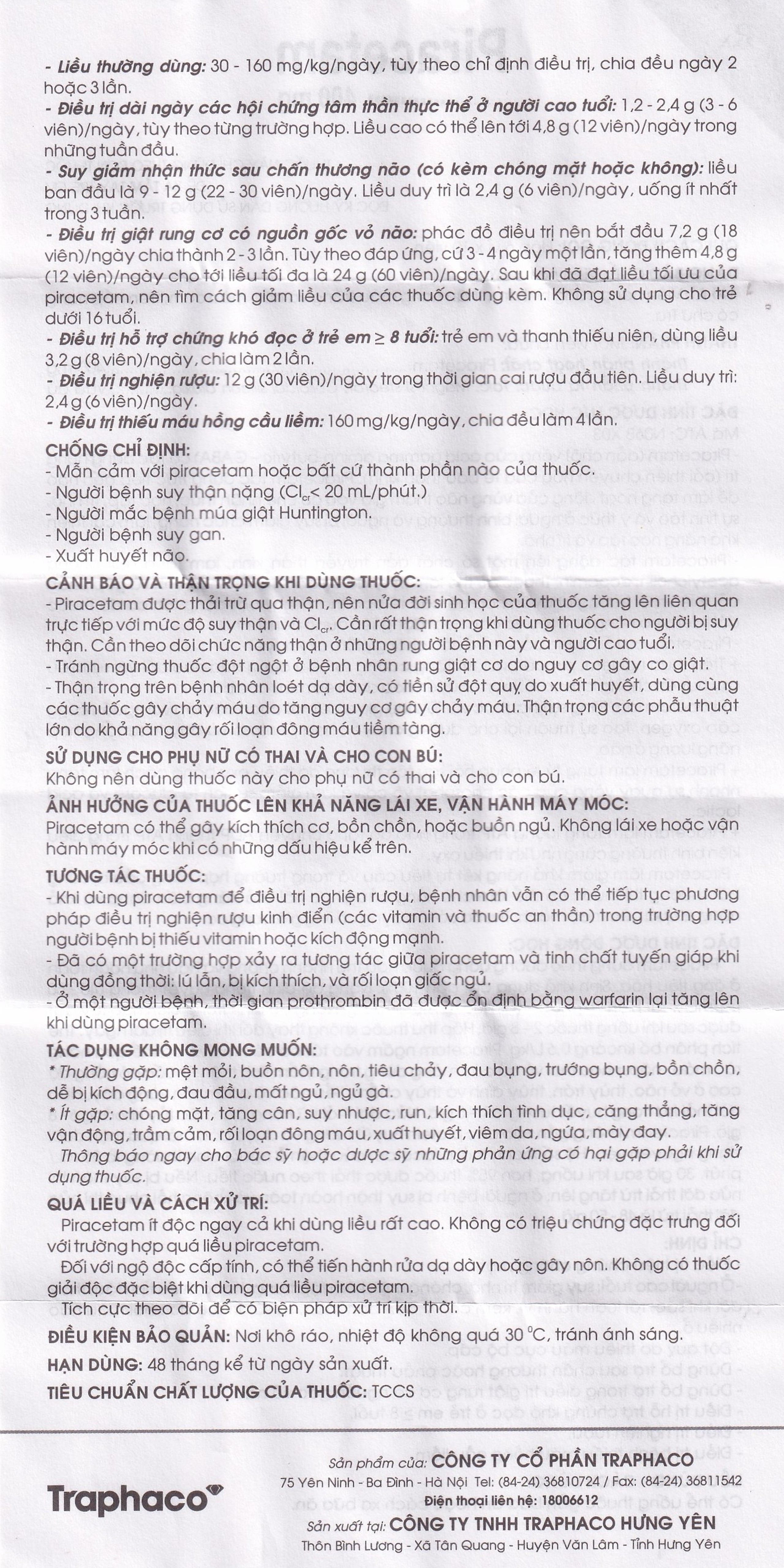 Viên nang cứng Piracetam 400mg Traphaco điều trị triệu chứng chóng mặt, suy giảm trí nhớ (6 vỉ x 10 viên) 