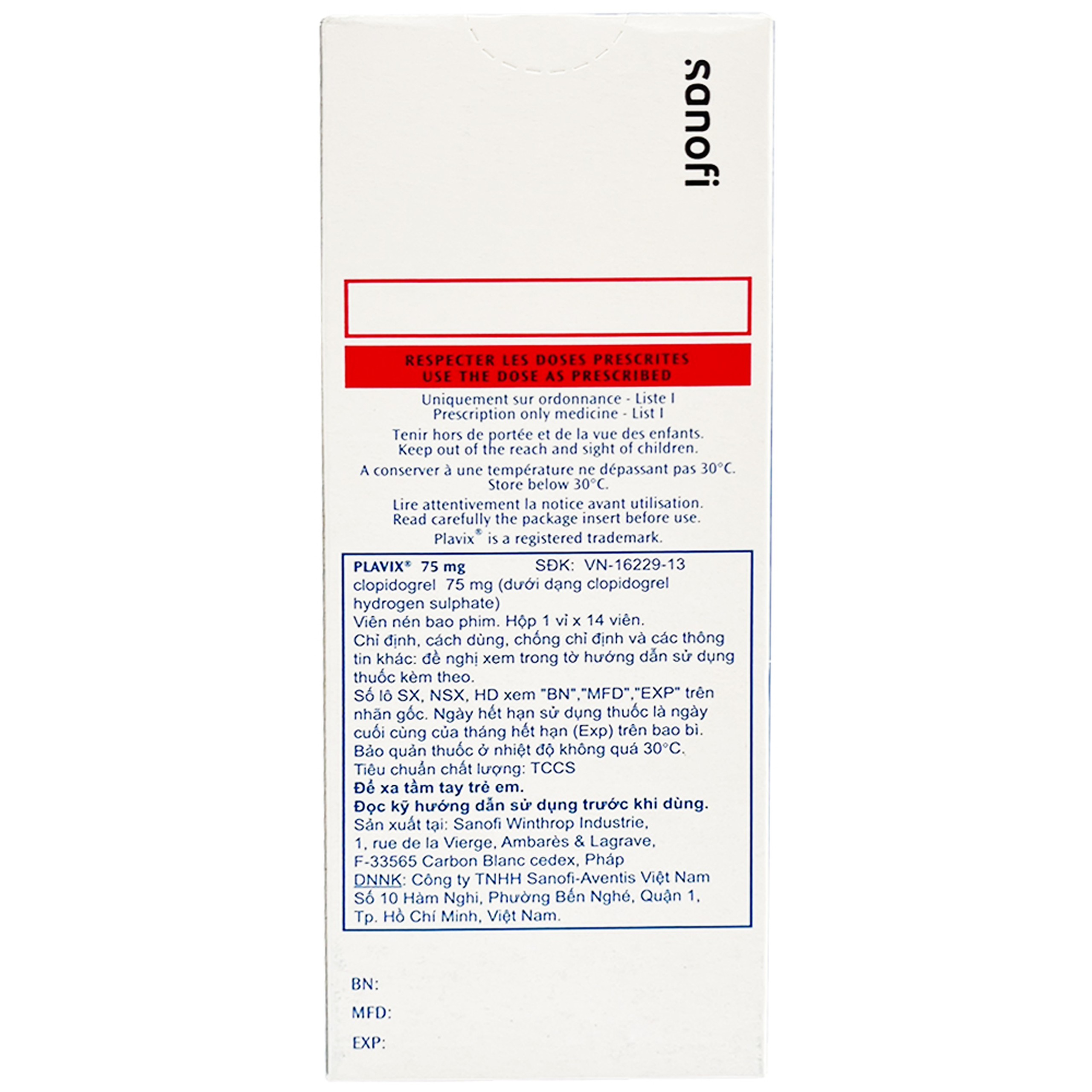 Thuốc Plavix 75mg Sanofi giảm nguy cơ thành lập cục máu đông, huyết khối (1 vỉ x 14 viên)