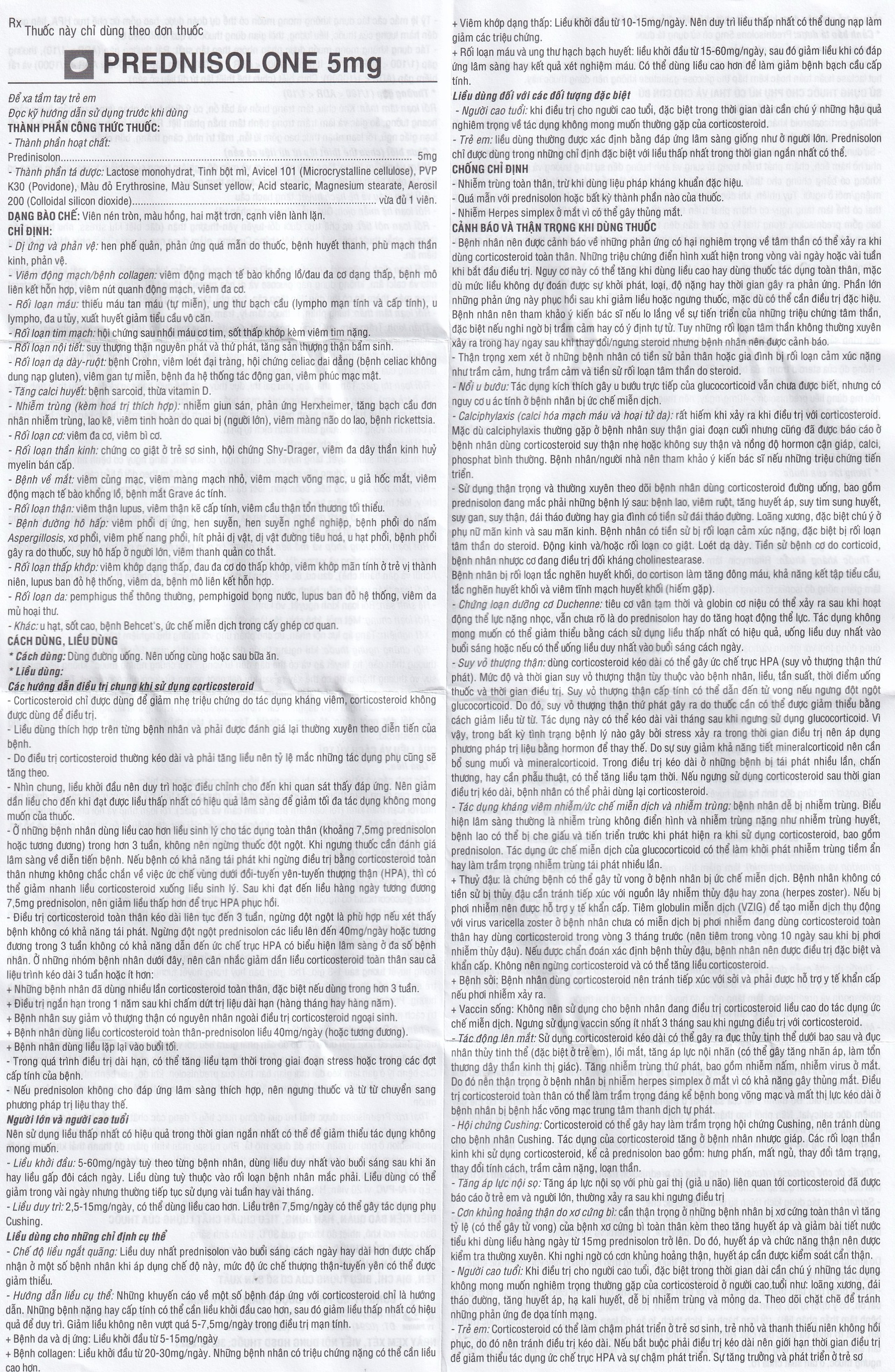 Thuốc Prednisolone 5mg TV.Pharm chống viêm, chống dị ứng và ức chế miễn dịch (10 vỉ x 20 viên)