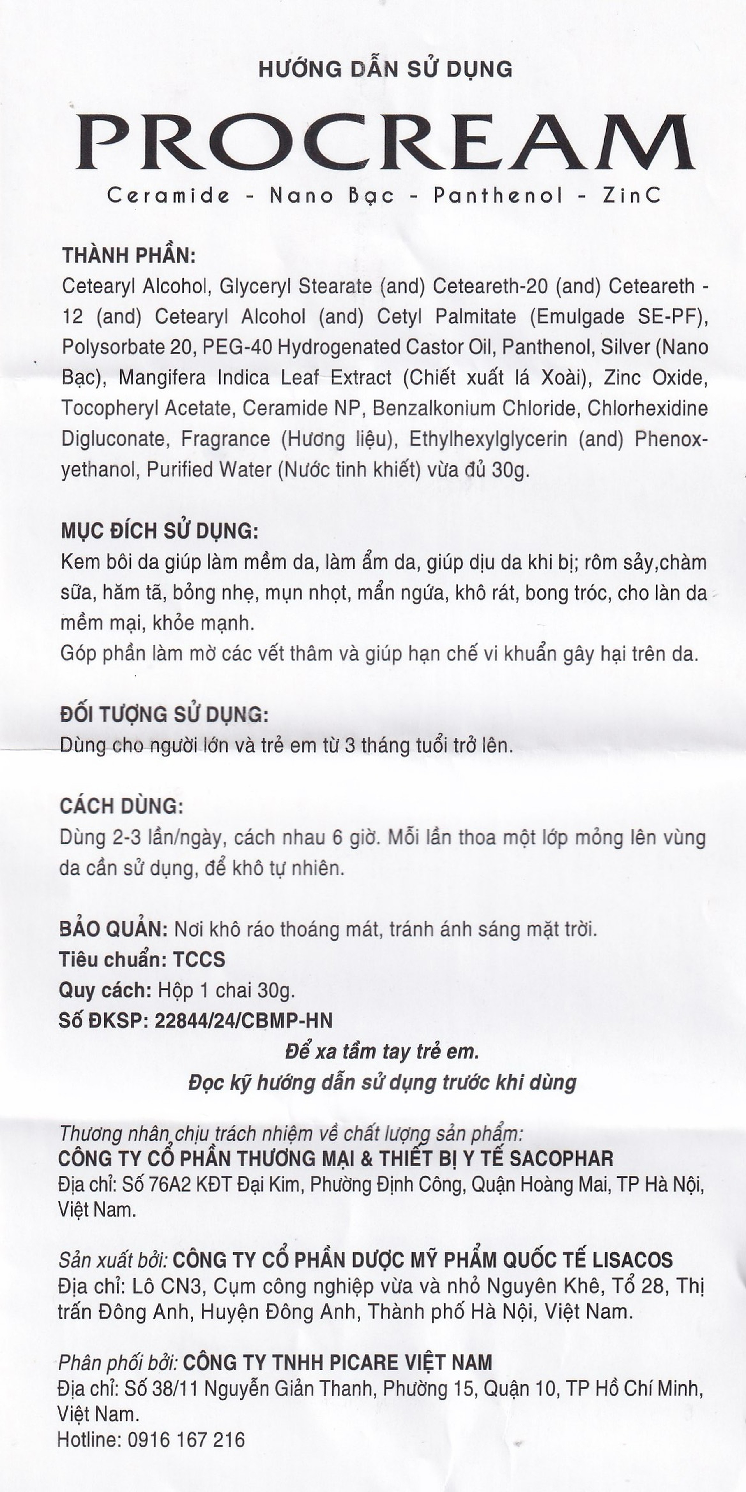 Kem bôi hăm tã, chàm sữa, bỏng, kích ứng da Procream 30g