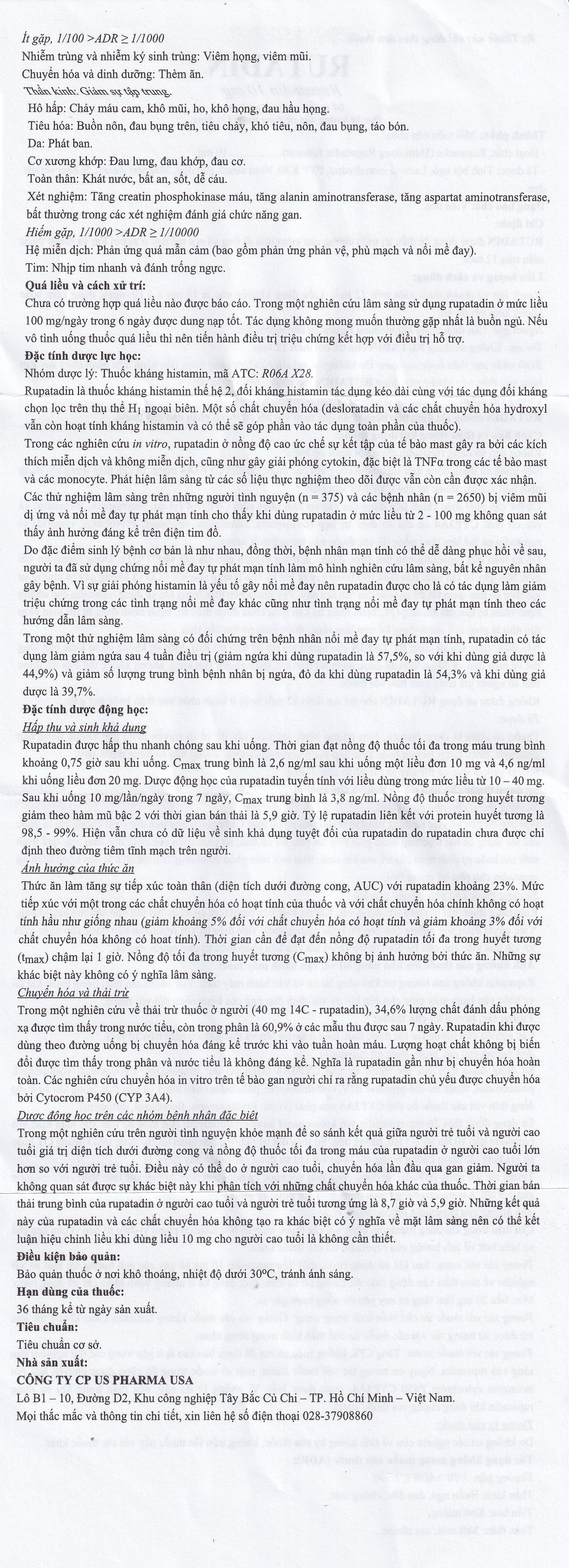Thuốc Rutadin 10mg pharma usa điều trị triệu chứng của viêm mũi dị ứng và nổi mề đay (3 vỉ x 10 viên)