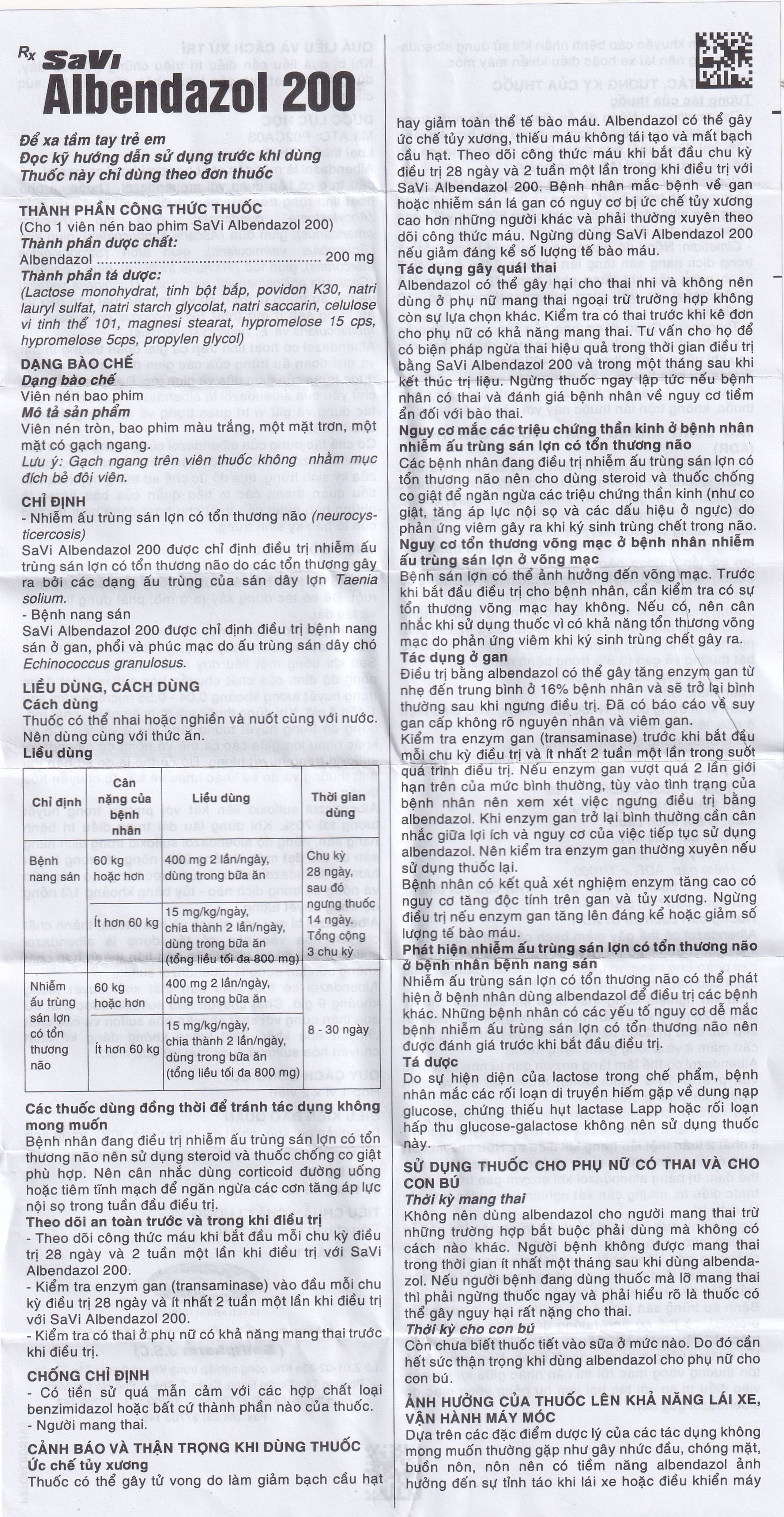 Thuốc SaVi Albendazol 200 điều trị nhiễm ấu trùng sán lợn có tổn thương não (1 vỉ x 2 viên)