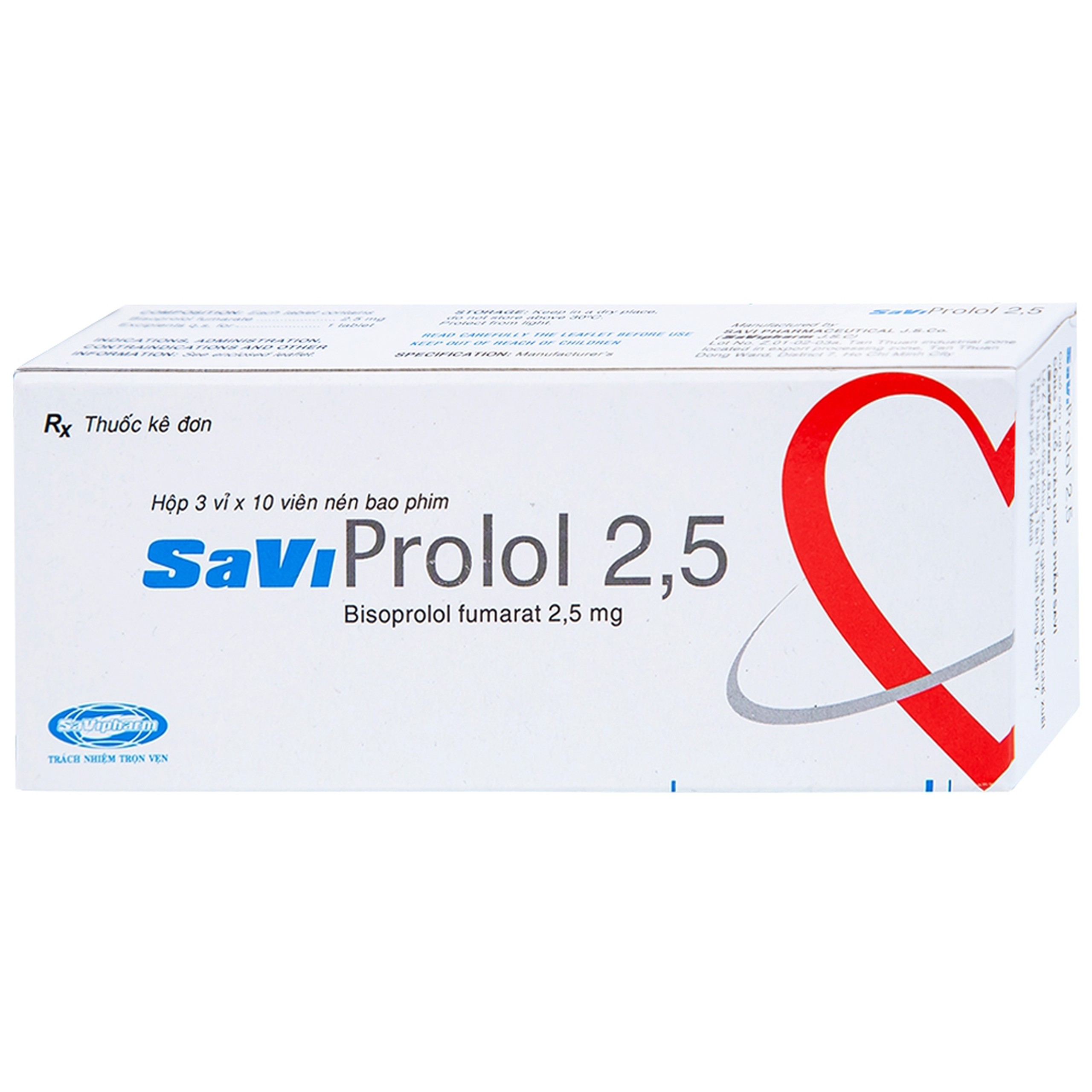 Thuốc SaViProlol 2,5 điều trị tăng huyết áp, đau thắt ngực (3 vỉ x 10 viên) 