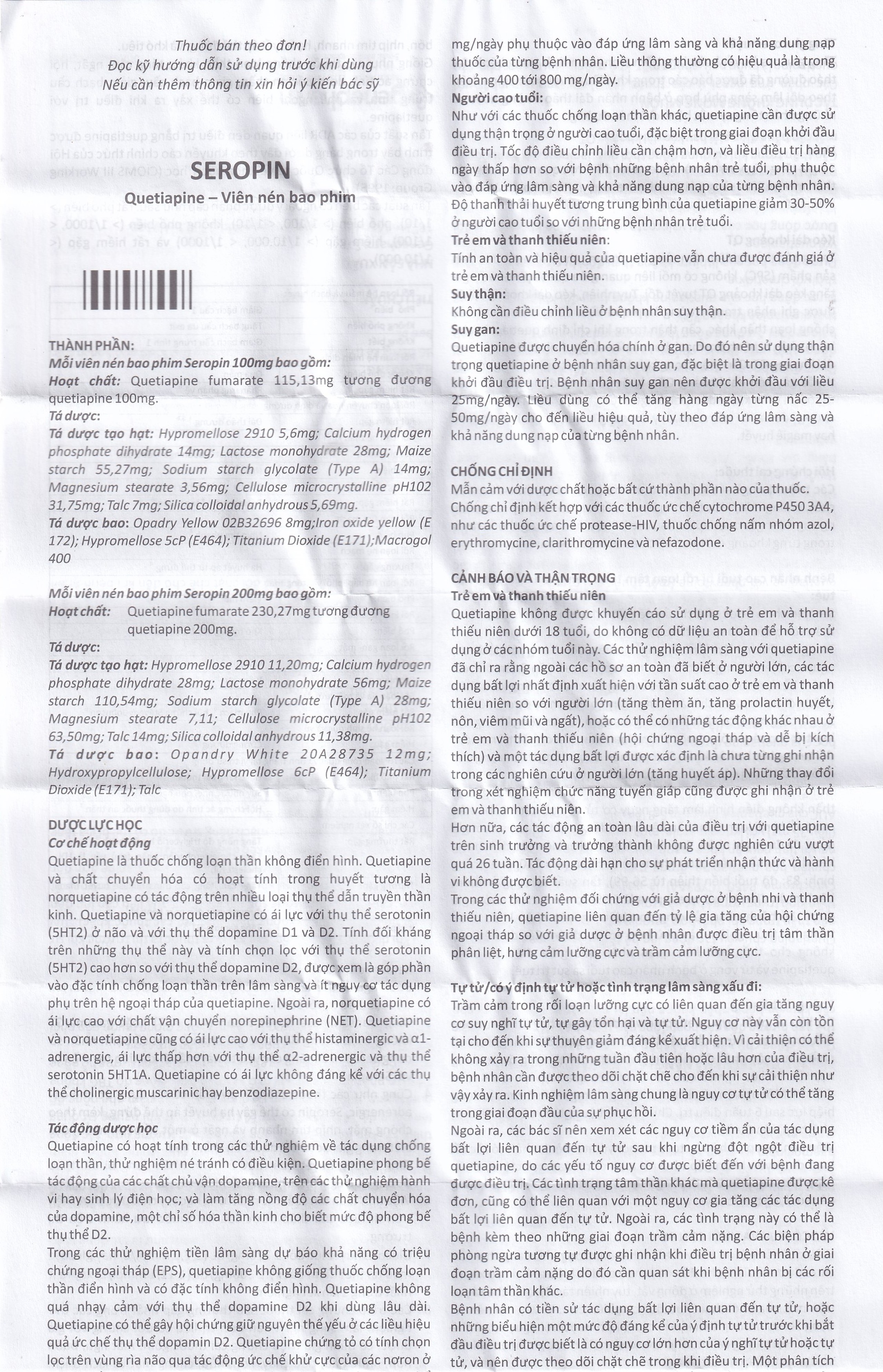Thuốc Seropin 200mg Genepharm điều trị tâm thần phân liệt, hưng cảm lưỡng cực, trầm cảm lưỡng cực (6 vỉ x 10 viên)