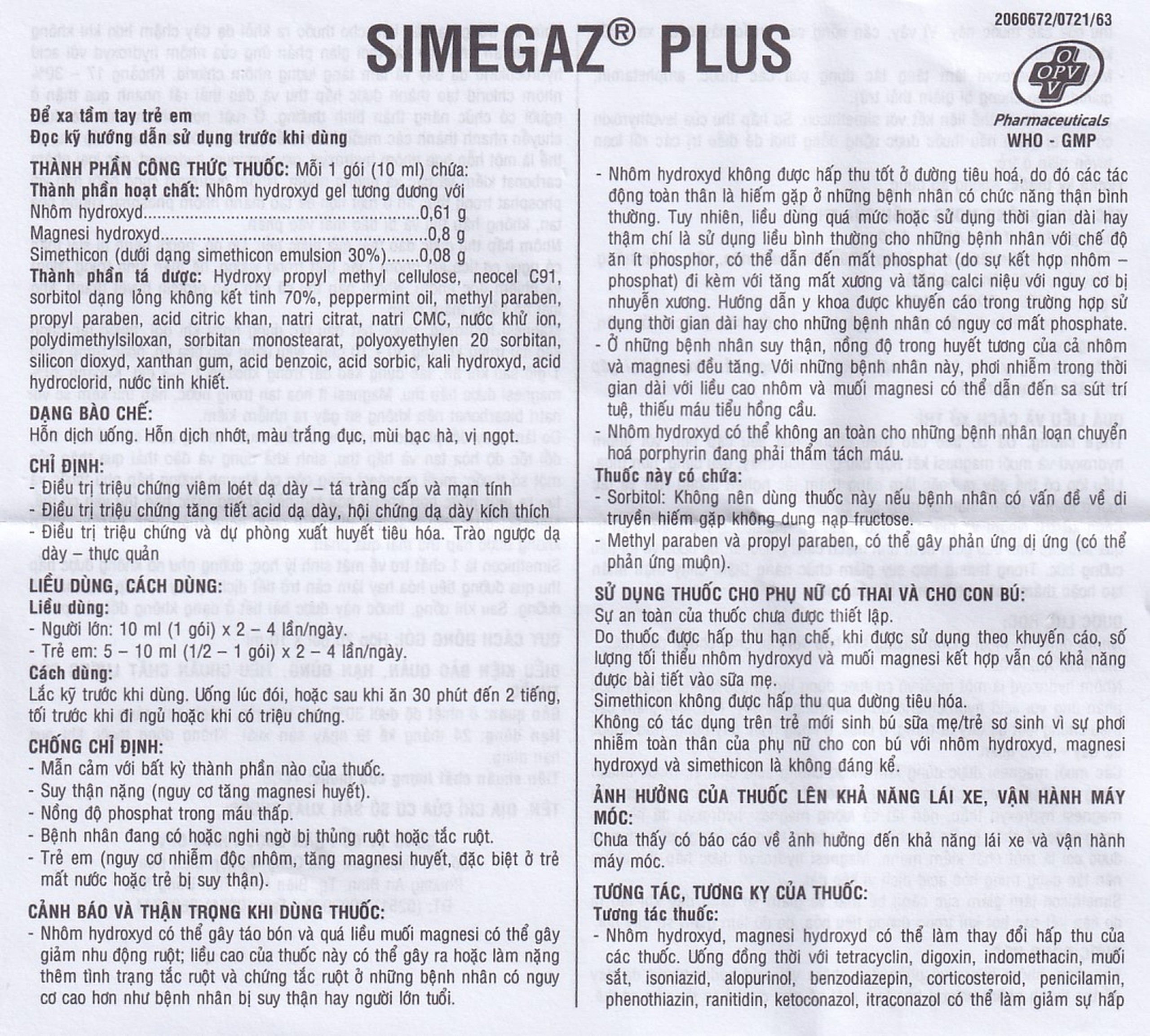 Hỗn dịch uống Simegaz Plus OPV vị bạc hà, điều trị viêm loét dạ dày , tăng acid dạ dày (20 gói x 10ml)
