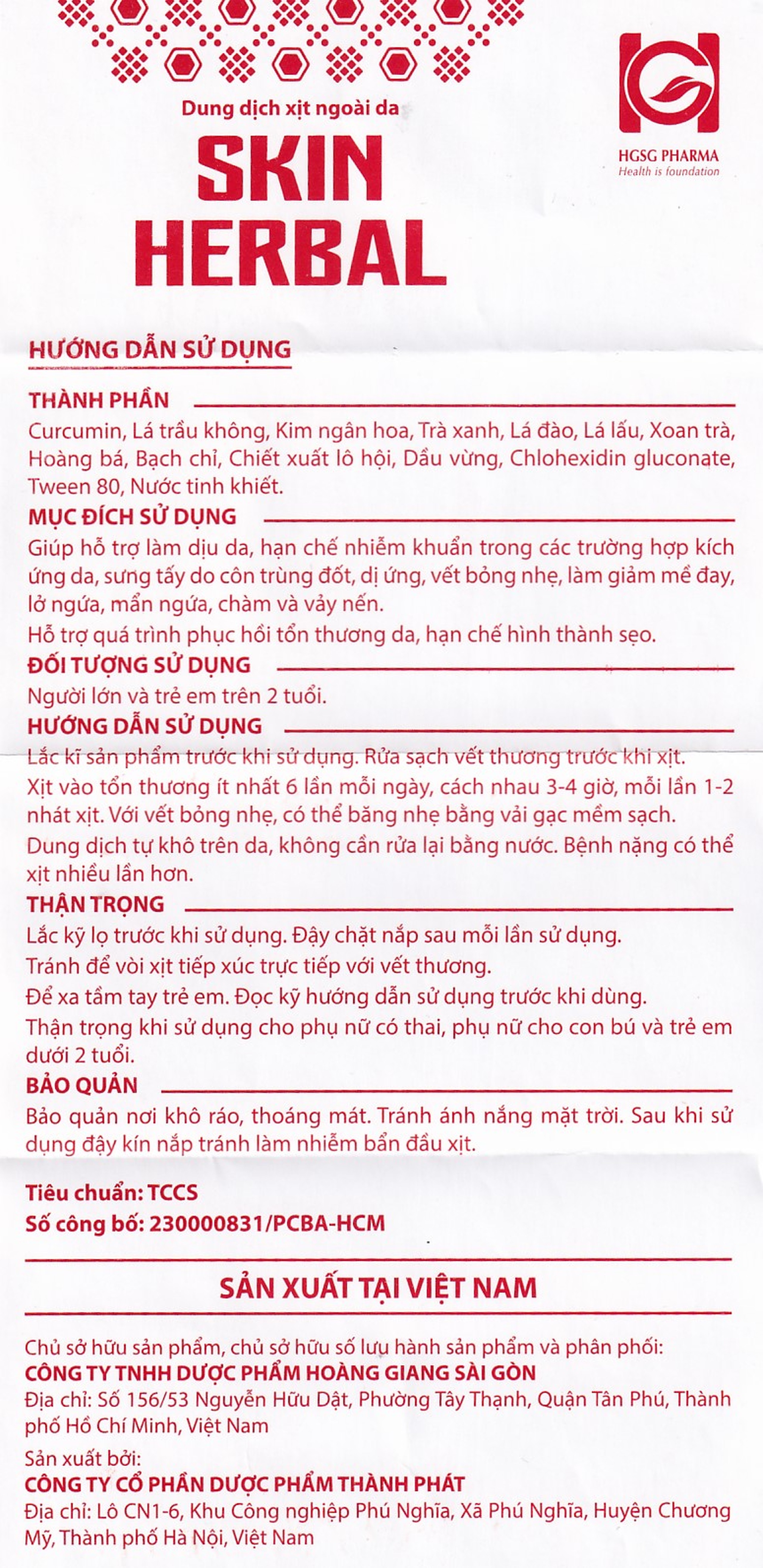 Xịt giảm ngứa, mề đay, chàm, vết bỏng nhẹ Skin Herbal 20ml