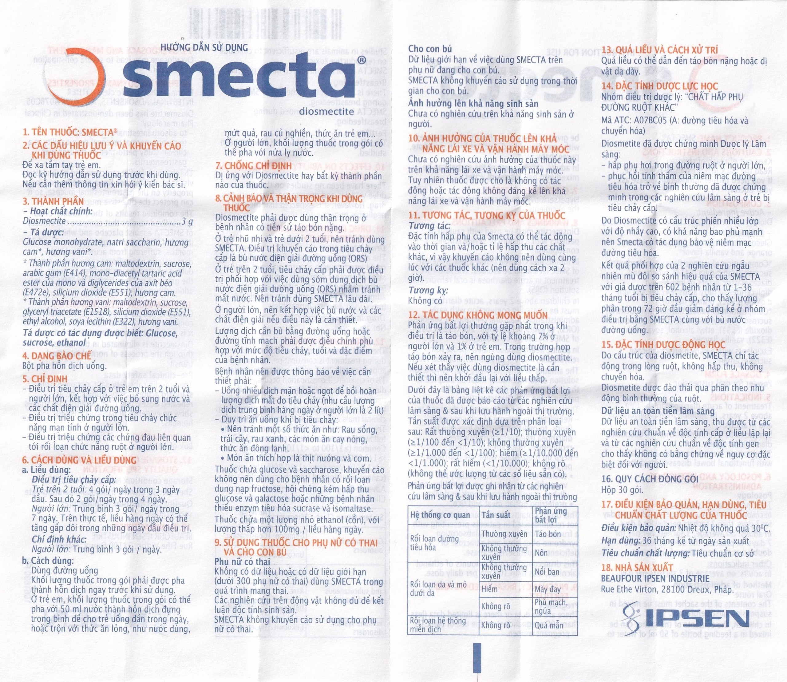 Thuốc bột pha hỗn dịch uống Smecta Ipsen hương cam & vani điều trị tiêu chảy, bảo vệ niêm mạc tiêu hoá (30 gói)