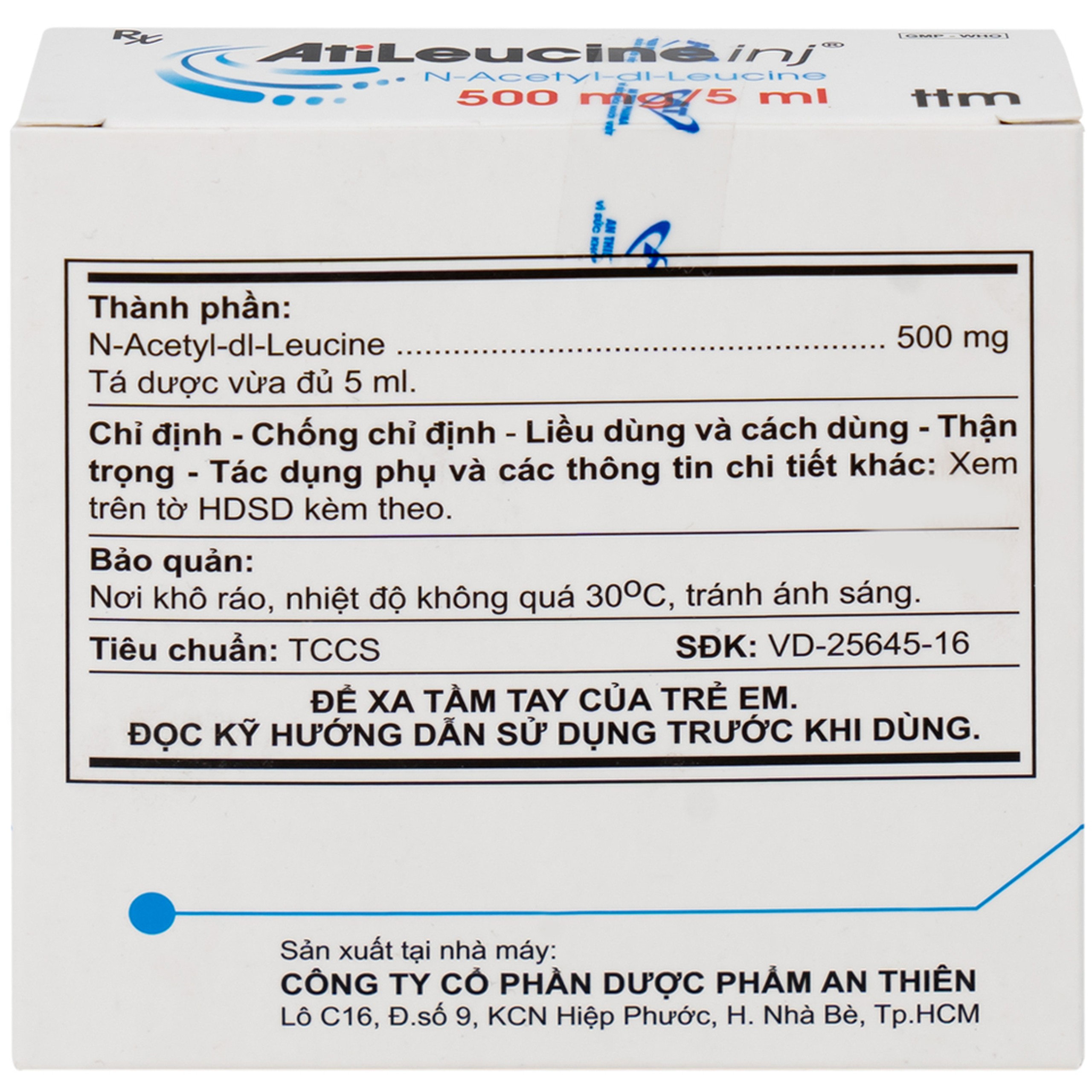 Dung dịch tiêm AtiLeucine inj 500mg/5ml An Thiên điều trị triệu chứng cơn chóng mặt (2 vỉ x 5 ống)