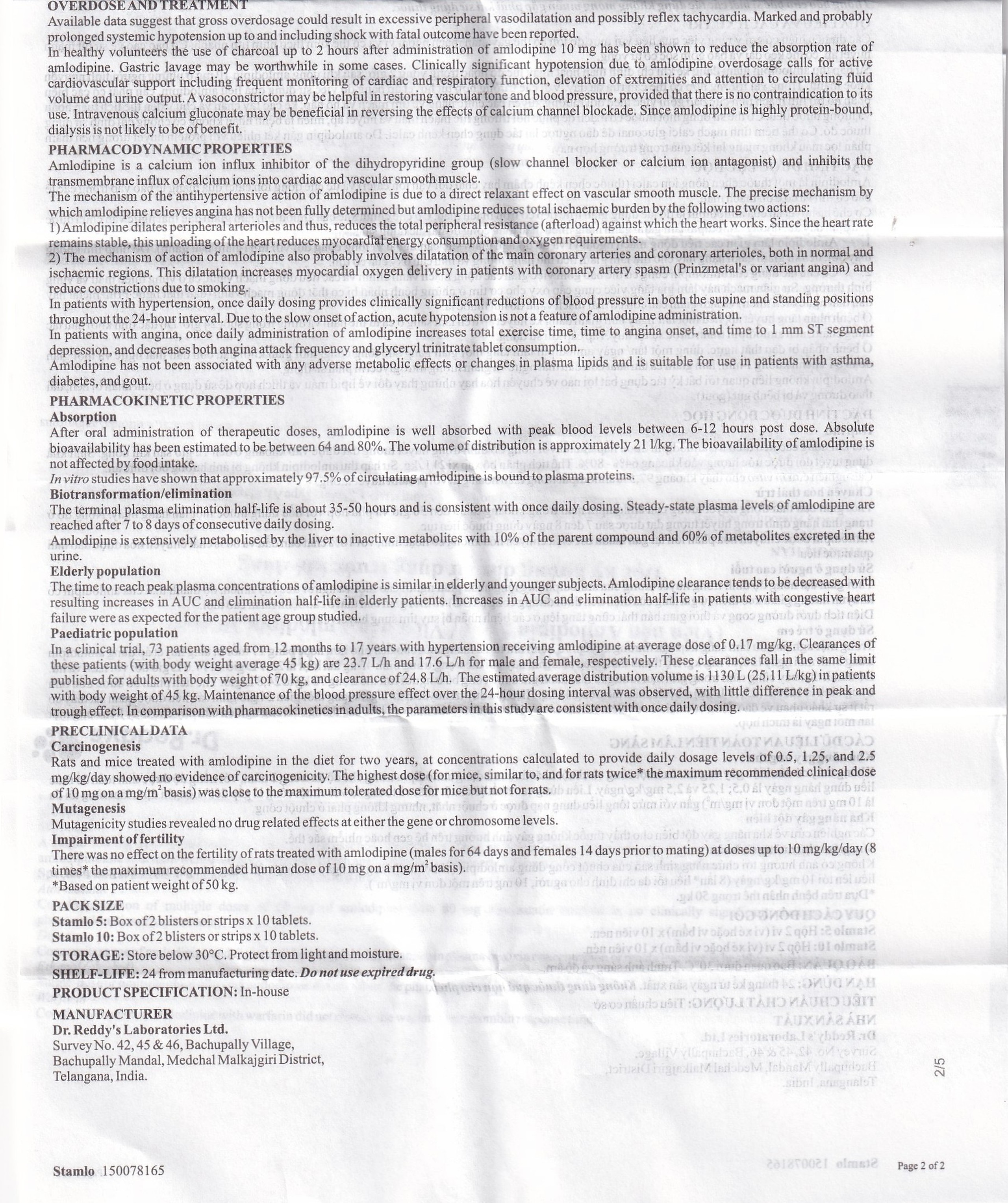 Thuốc Stamlo 5 Dr. Reddy's điều trị tăng huyết áp, đau thắt ngực ổn định mạn tính (2 vỉ x 10 viên)