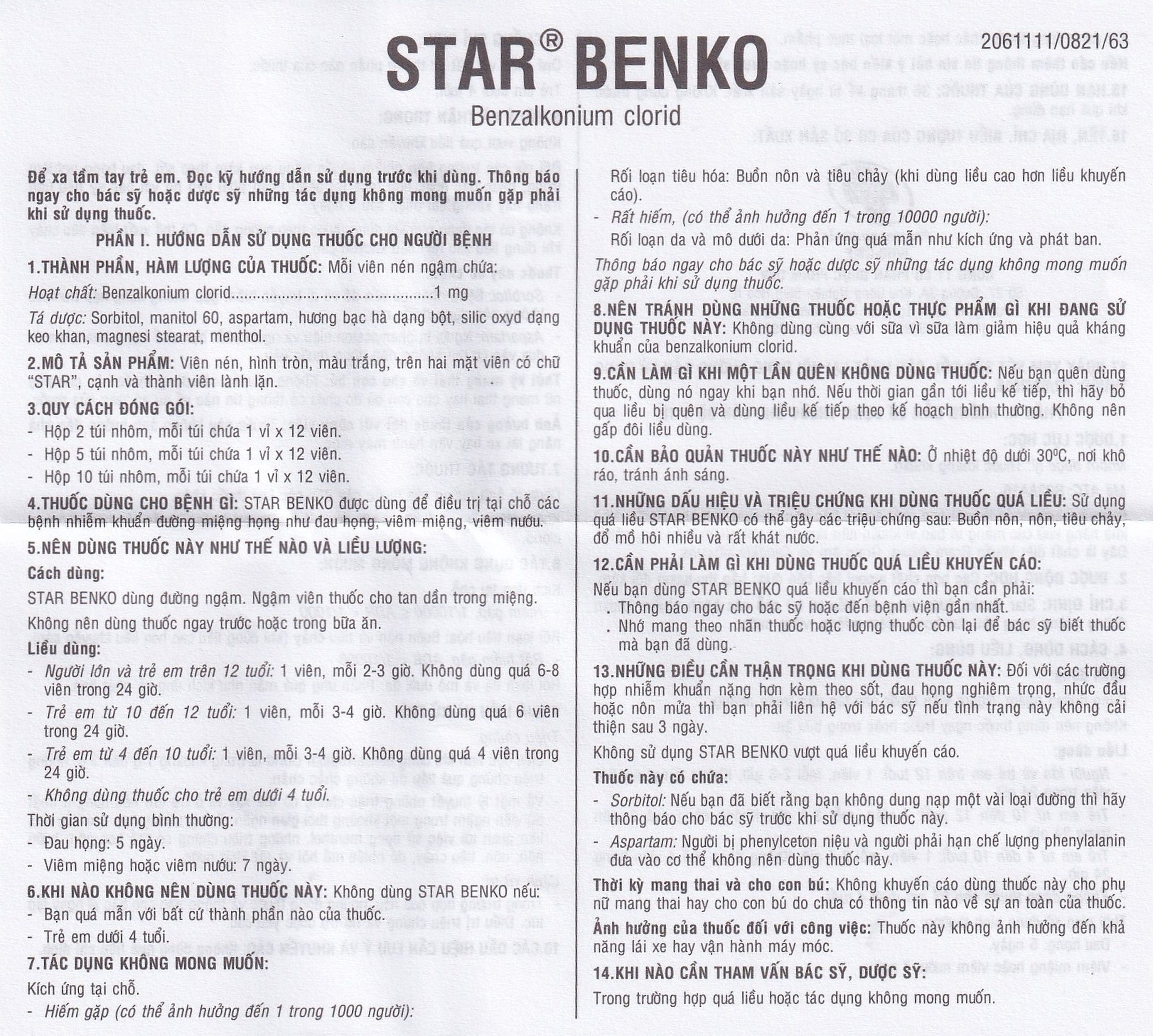 Viên ngậm Star Benko OPV điều trị nhiễm khuẩn miệng, họng (2 vỉ x 12 viên)