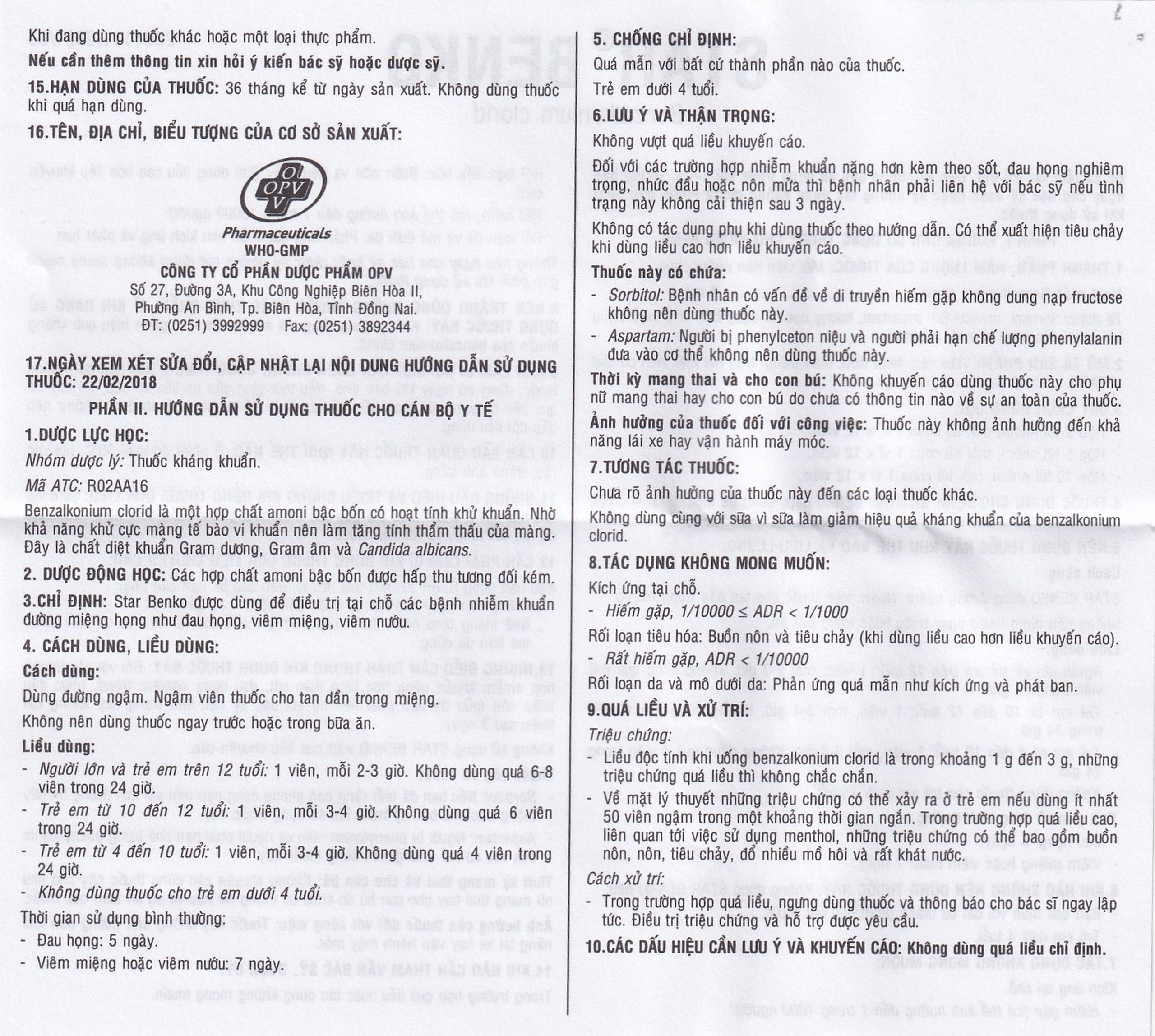 Viên ngậm Star Benko OPV điều trị nhiễm khuẩn miệng, họng (2 vỉ x 12 viên)