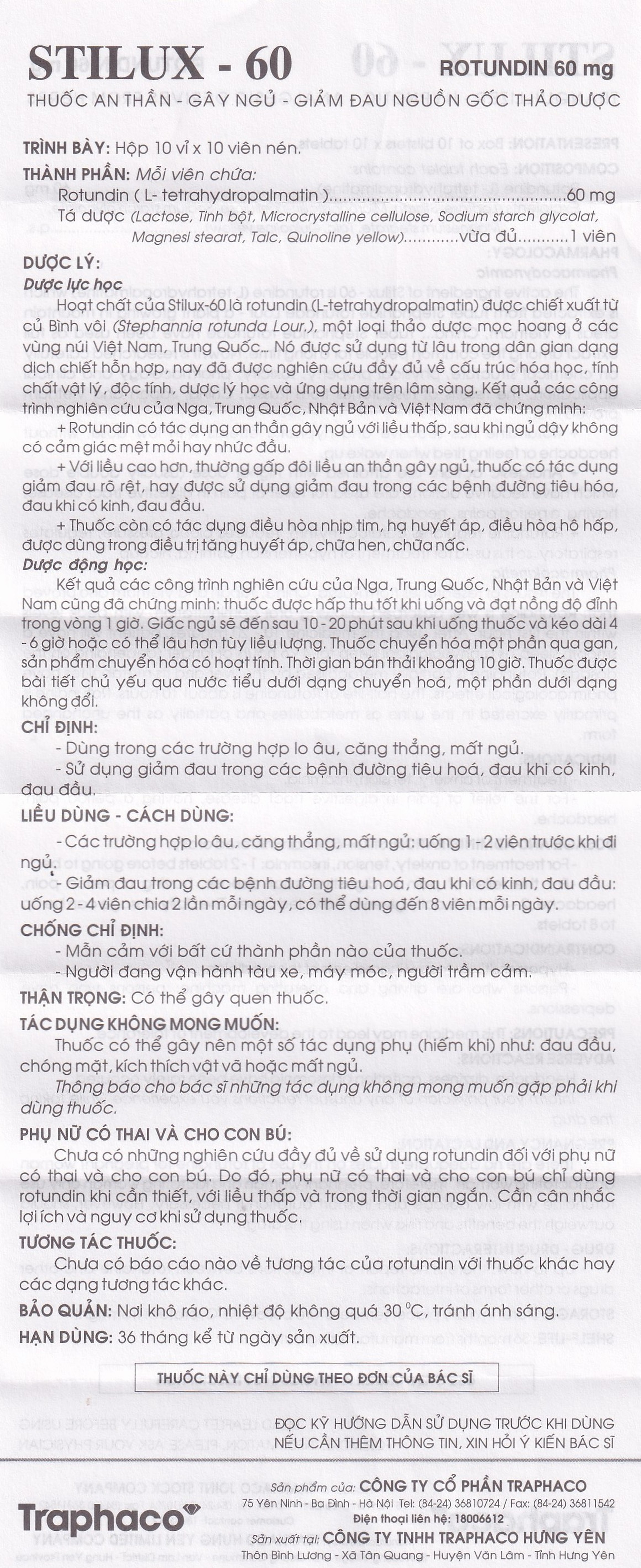 Thuốc Stilux-60 Traphaco dùng lo âu, căng thẳng, mất ngủ (10 vỉ x 10 viên) 