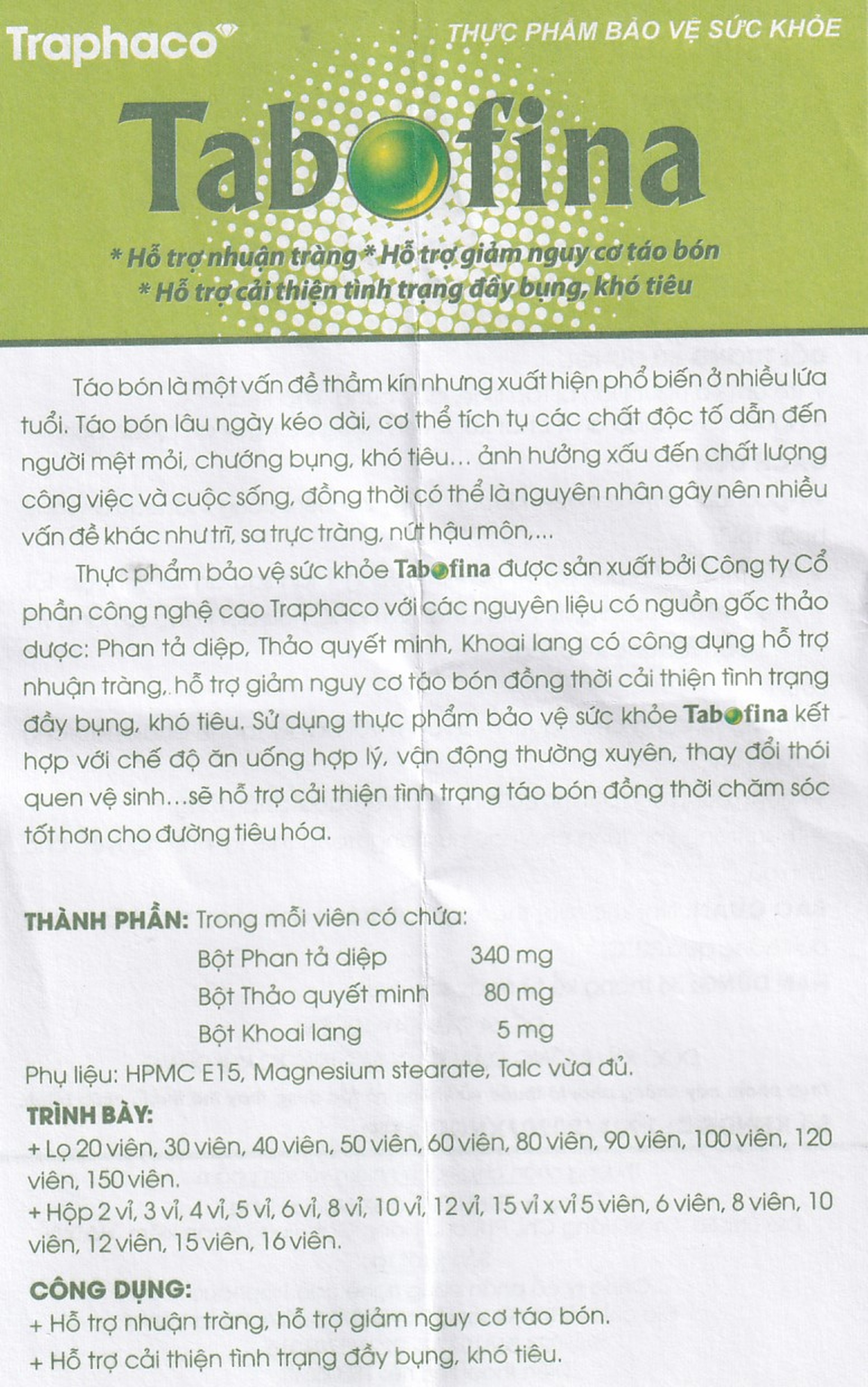 Viên hỗ trợ giảm nguy cơ táo bón Tabofina Traphaco (3 vỉ x 10 viên)