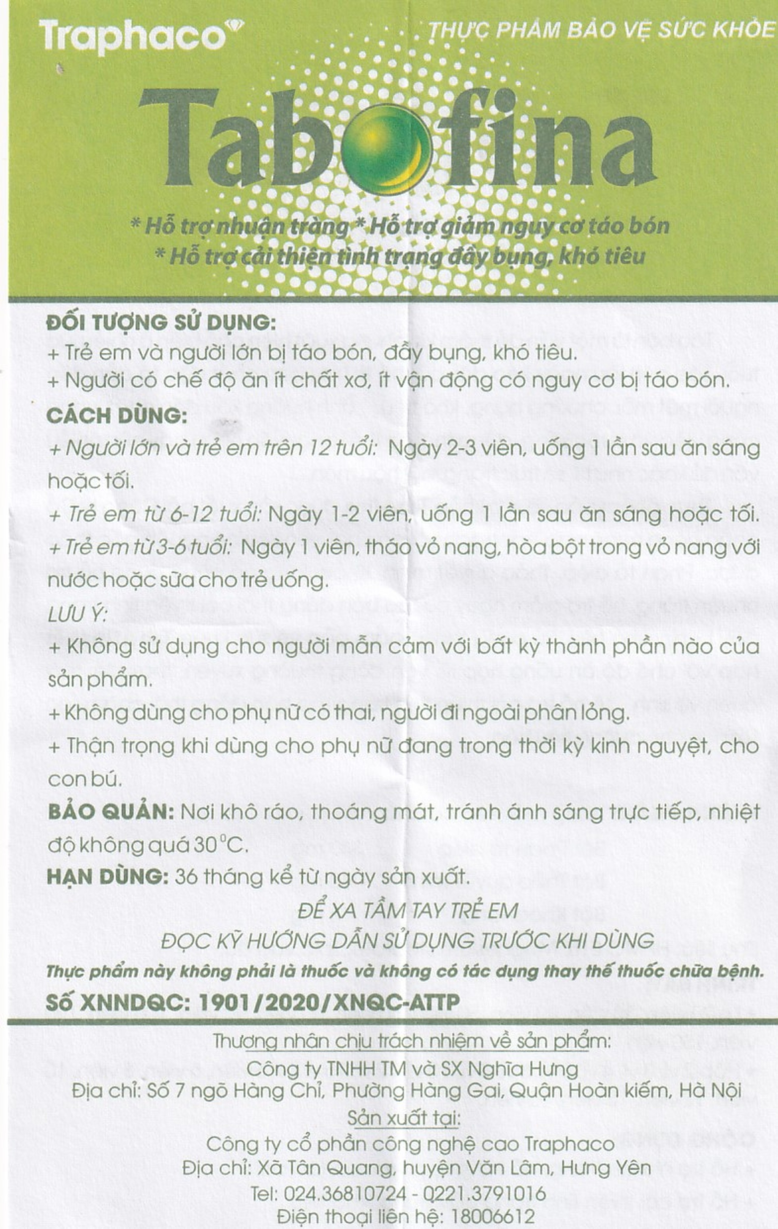 Viên hỗ trợ giảm nguy cơ táo bón Tabofina Traphaco (3 vỉ x 10 viên)