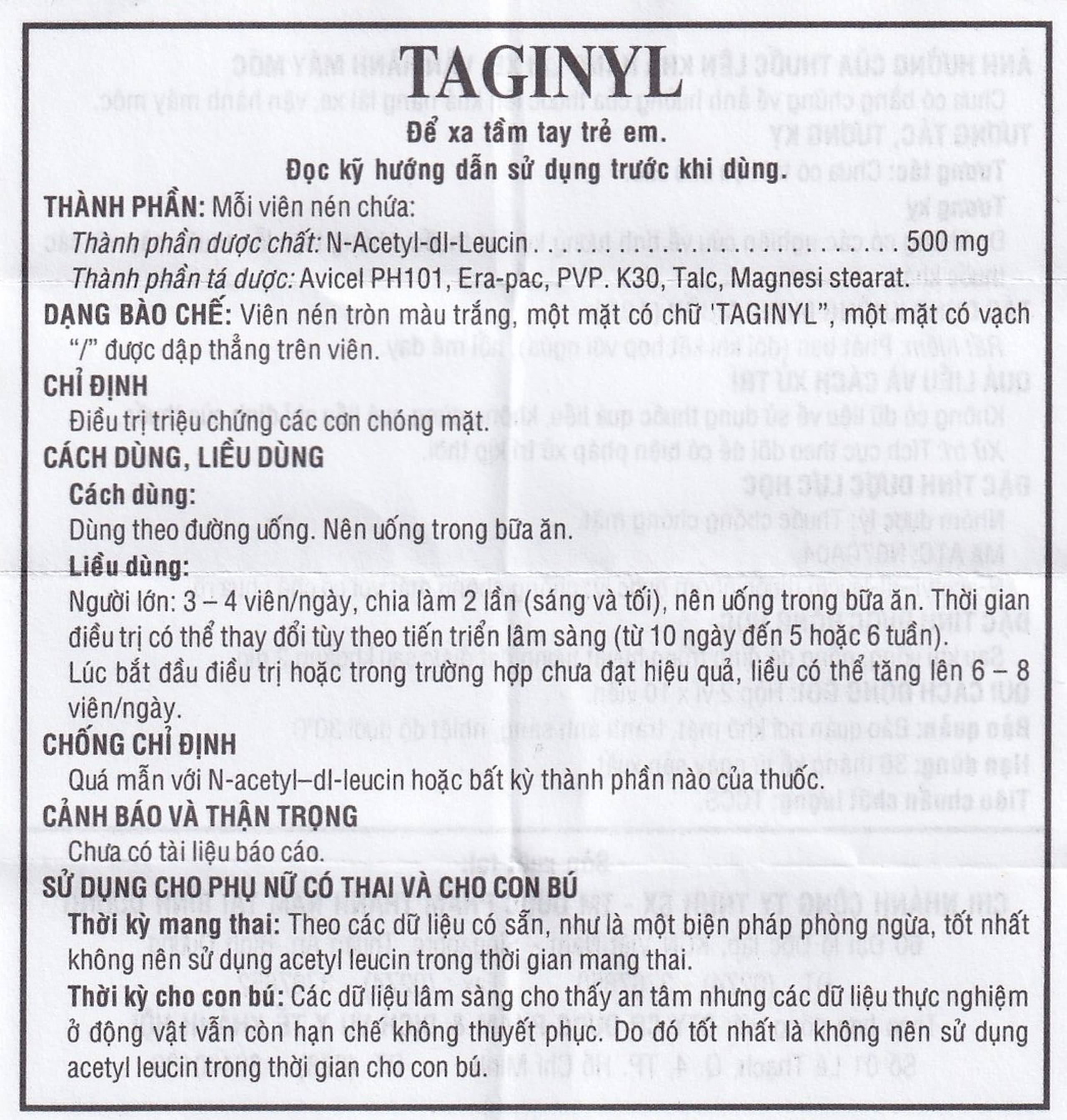 Thuốc Taginyl 500mg Thành Nam điều trị triệu chứng cơn chóng mặt (2 vỉ x 10 viên)